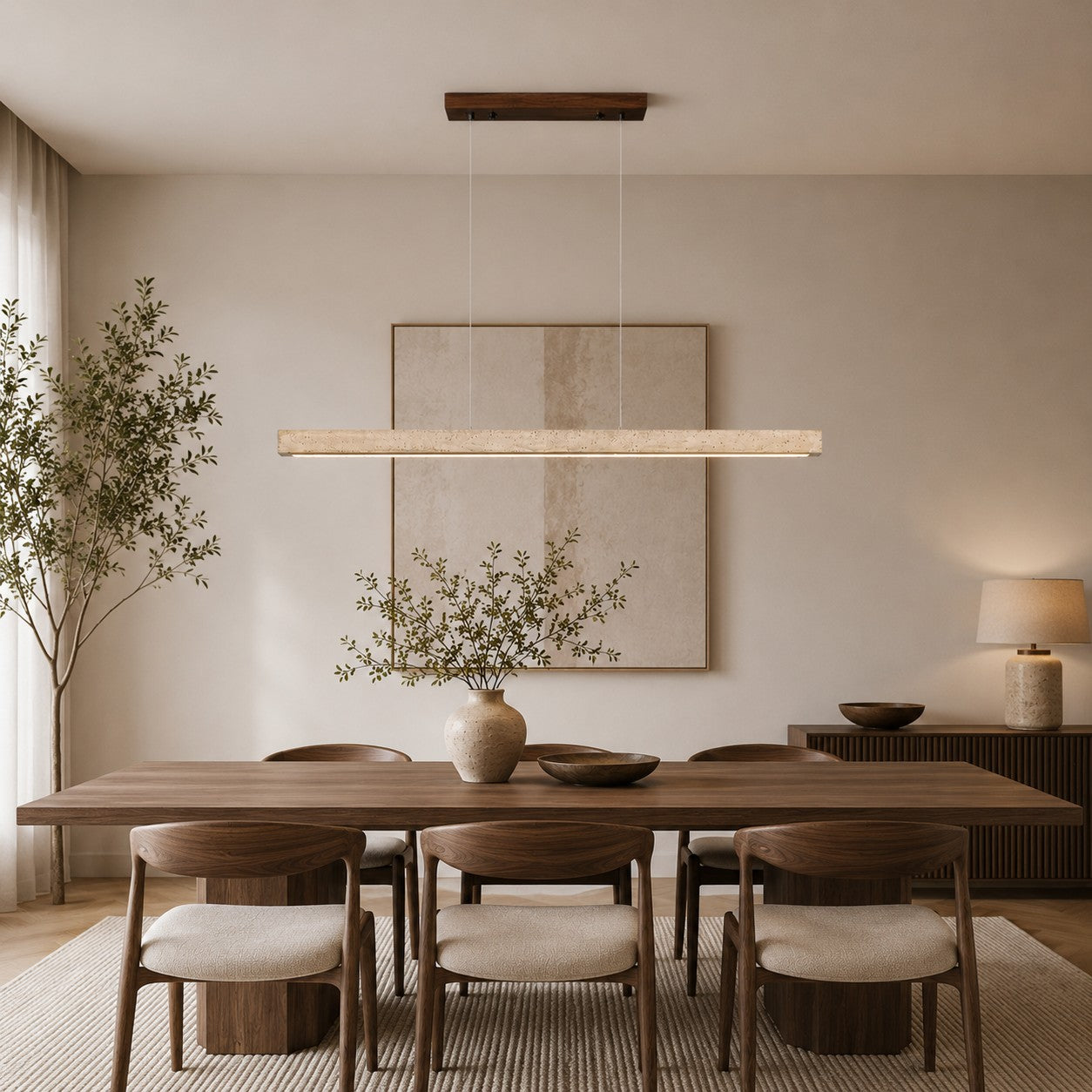 Moderne Pendelleuchte mit verstellbarer LED-Beleuchtung und Travertin-Lampenschirm für die Kücheninsel | ribuella