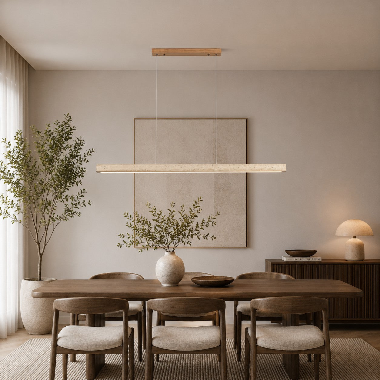 Moderne Pendelleuchte mit verstellbarer LED-Beleuchtung und Travertin-Lampenschirm für die Kücheninsel | ribuella