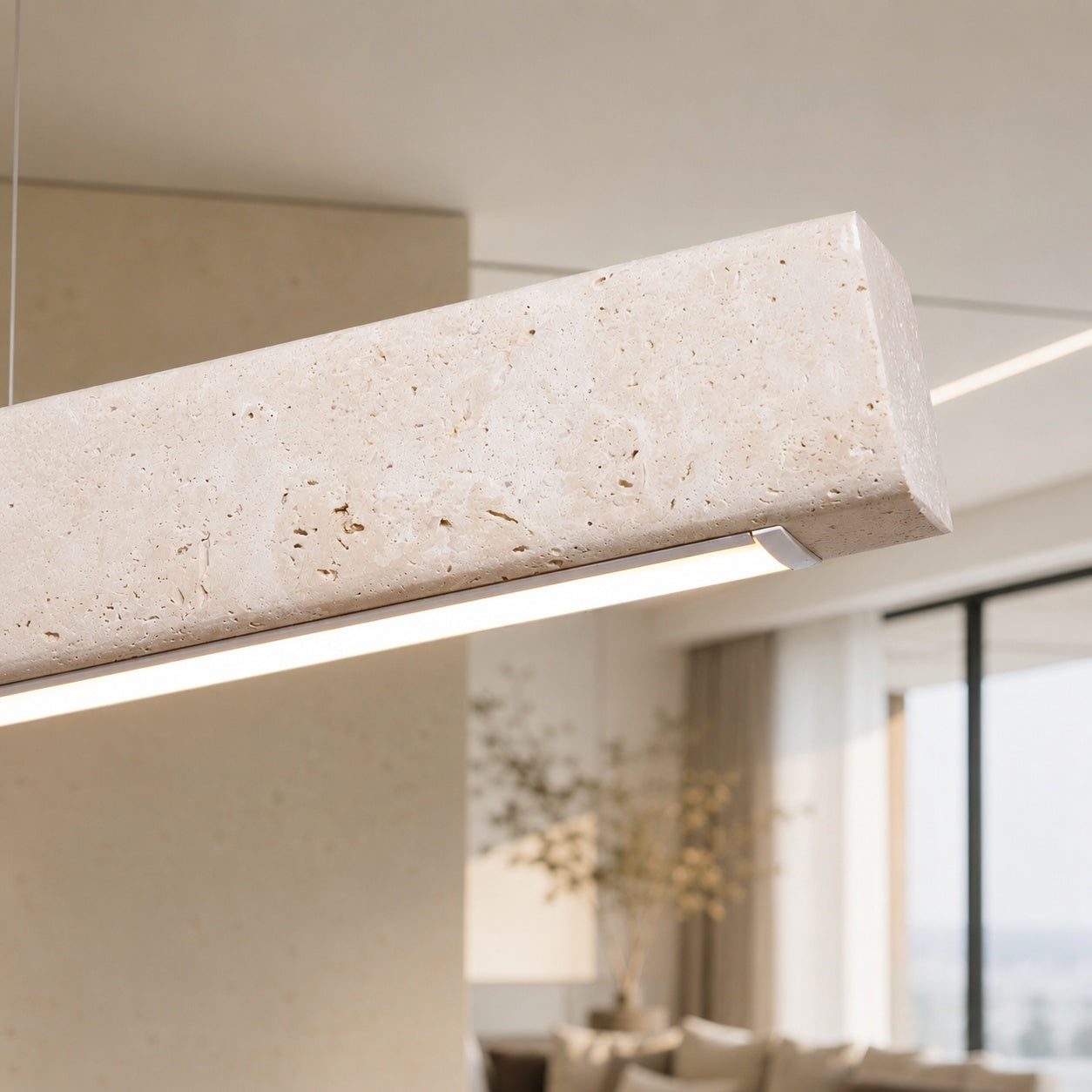 Moderne Pendelleuchte mit verstellbarer LED-Beleuchtung und Travertin-Lampenschirm für die Kücheninsel | ribuella