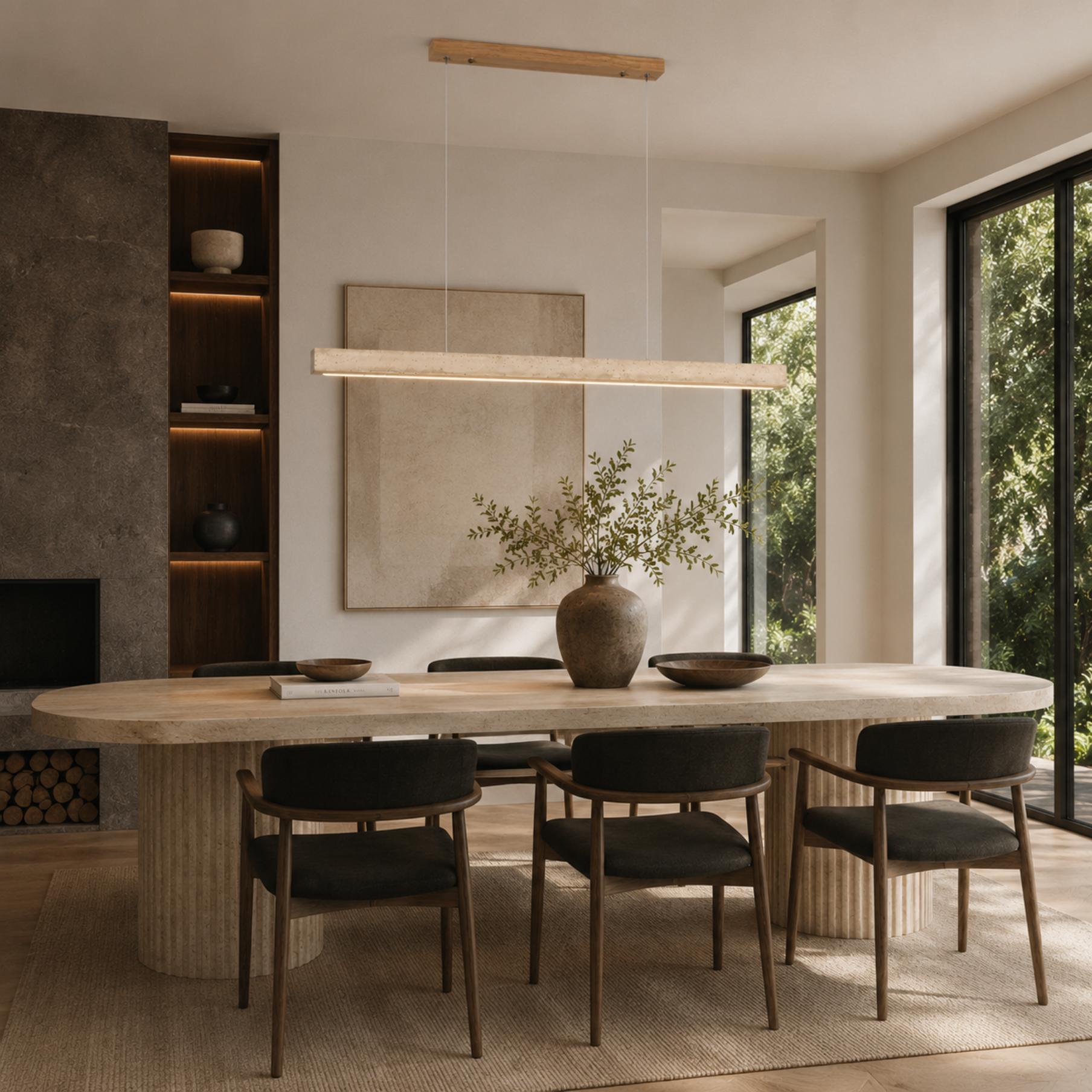 Moderne Pendelleuchte mit verstellbarer LED-Beleuchtung und Travertin-Lampenschirm für die Kücheninsel | ribuella