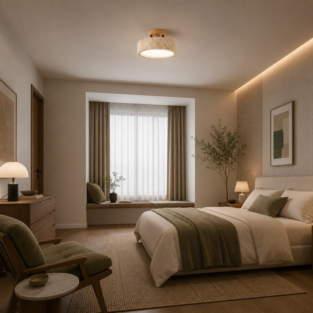 Modern Round Flush Mount Ceiling Light Fixture Yellow Travertine LED Dimmable 20cm | ribuella