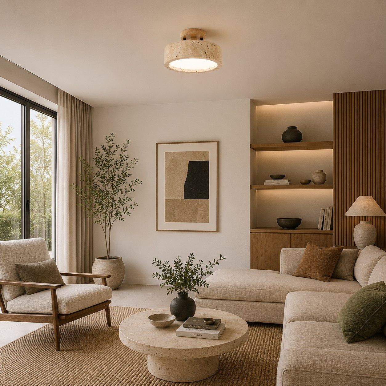 Modern Round Flush Mount Ceiling Light Fixture Yellow Travertine LED Dimmable 20cm | ribuella