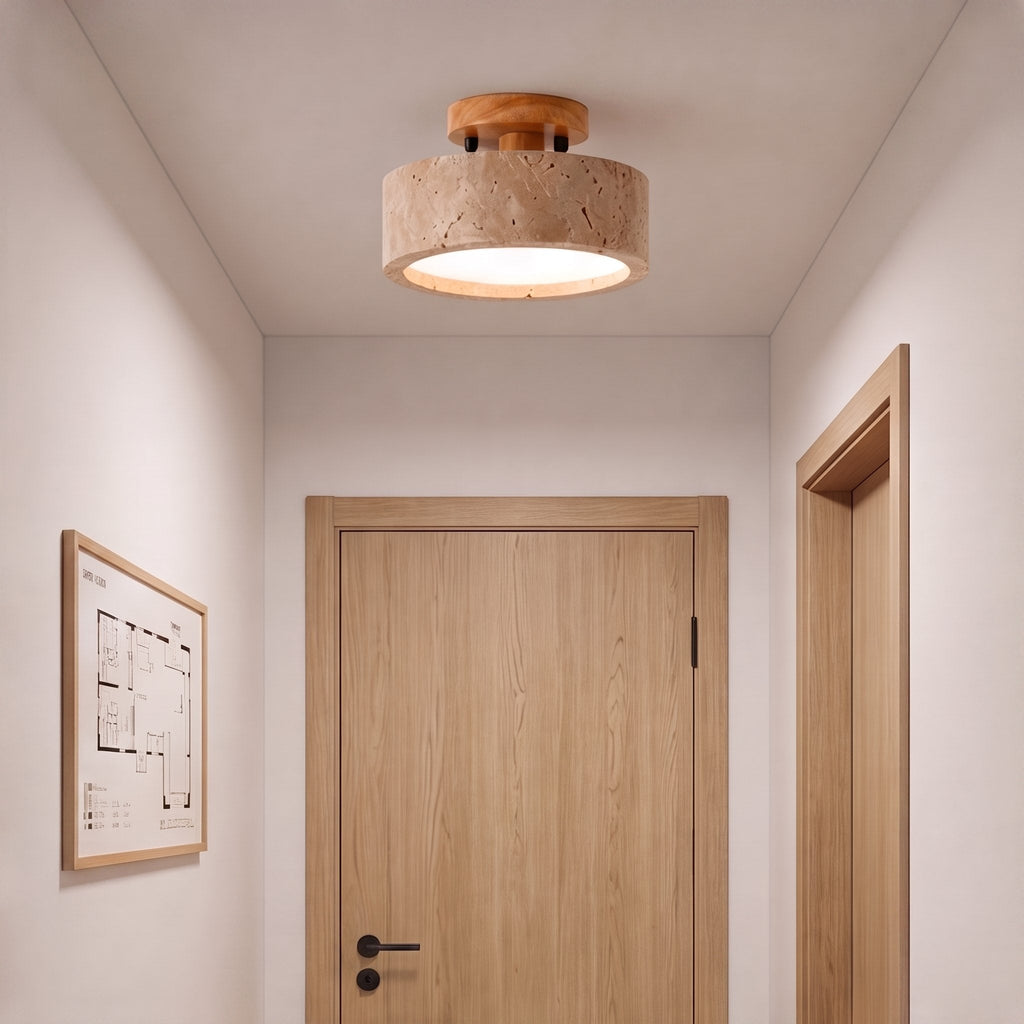 Modern Round Flush Mount Ceiling Light Fixture Yellow Travertine LED Dimmable 20cm | ribuella
