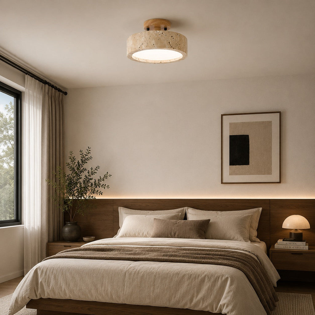 Modern Round Flush Mount Ceiling Light Fixture Yellow Travertine LED Dimmable 20cm | ribuella