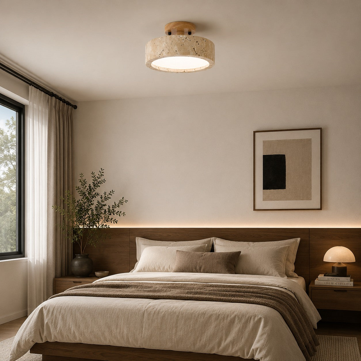 Modern Round Flush Mount Ceiling Light Fixture Yellow Travertine LED Dimmable 20cm | ribuella
