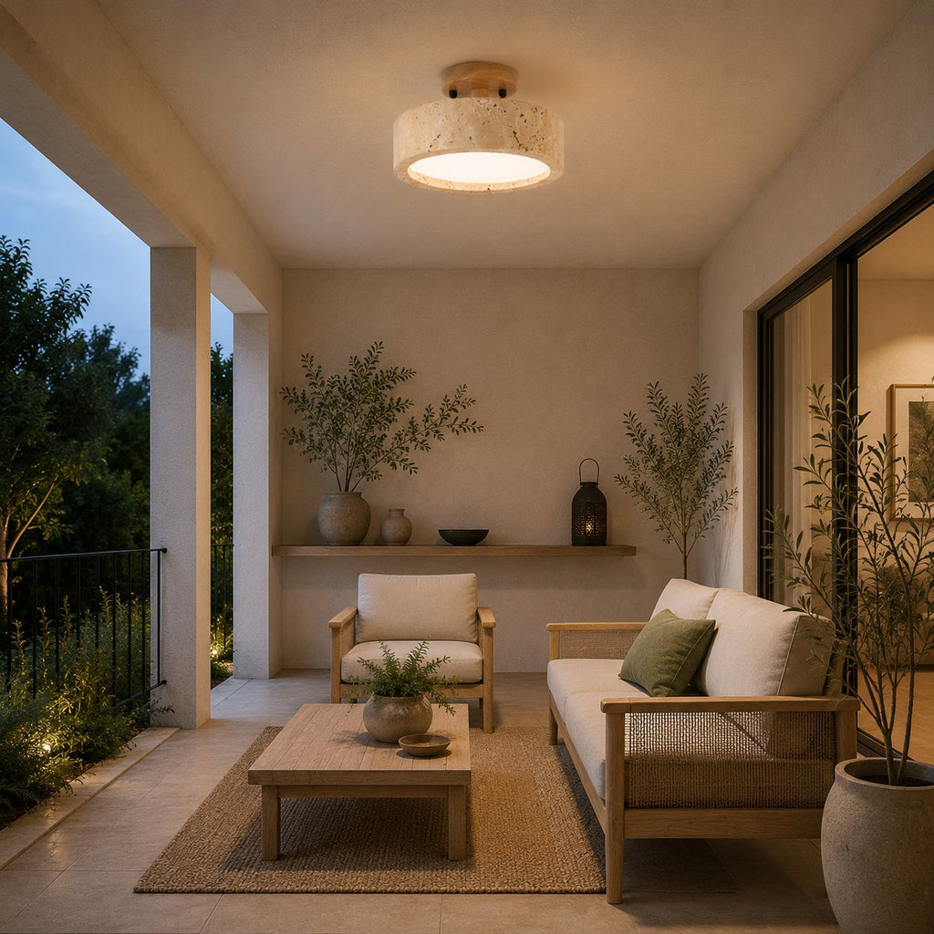 Modern Round Flush Mount Ceiling Light Fixture Yellow Travertine LED Dimmable 20cm | ribuella