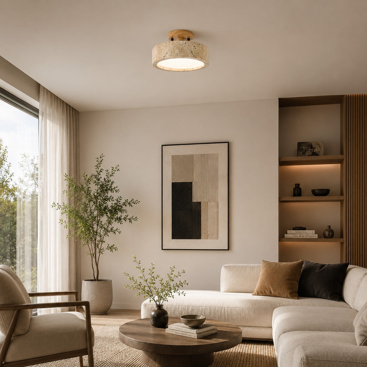 Modern Round Flush Mount Ceiling Light Fixture Yellow Travertine LED Dimmable 20cm | ribuella