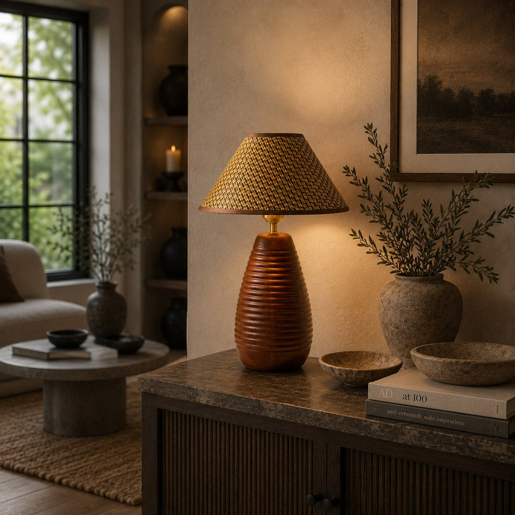 Moderne Tischlampe mit höhenverstellbarer Holzbasis und Stoffschirm für Schlafzimmer oder Schreibtisch | ribuella