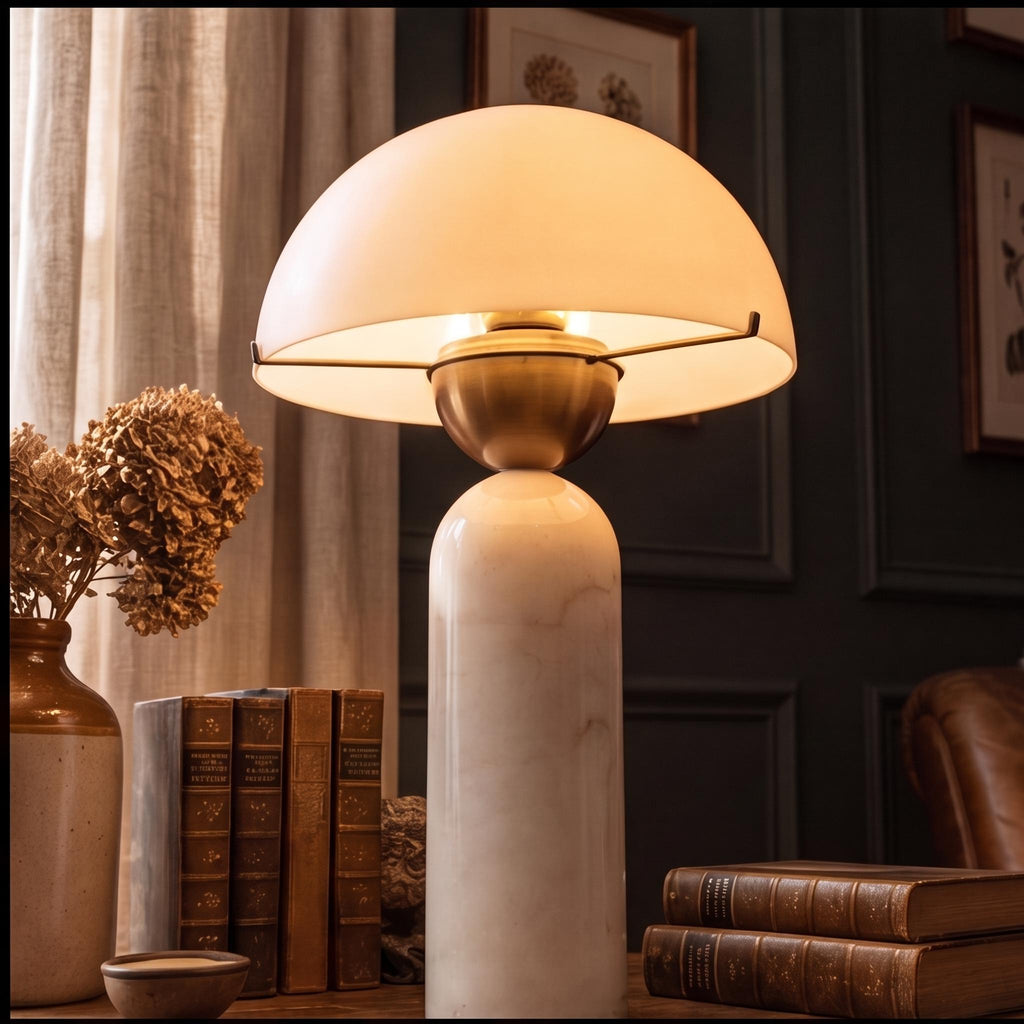 Modern Table Lamp with Dome Shade and Marble Base LED Compatible for Bedroom or Office Use | ribuella