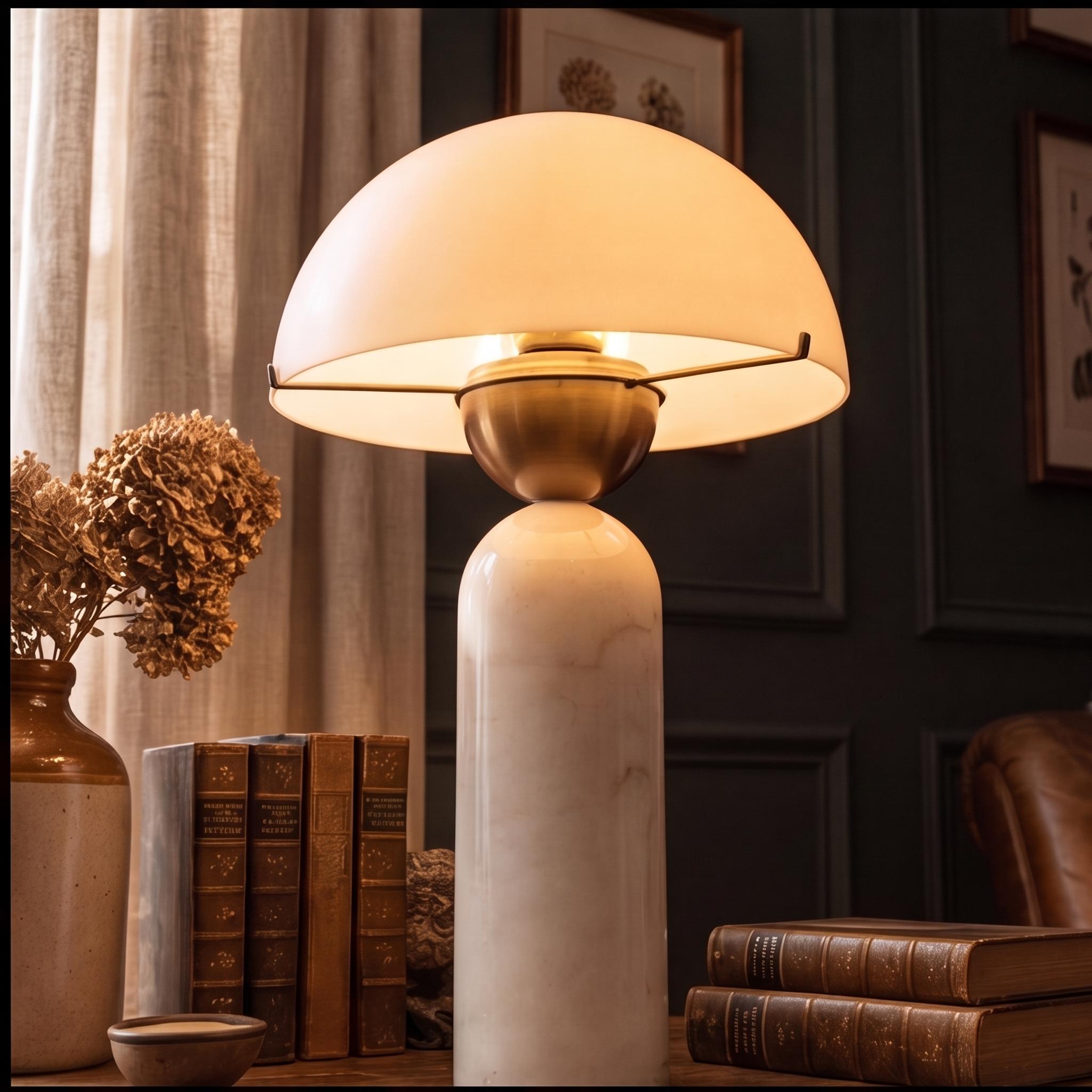 Modern Table Lamp with Dome Shade and Marble Base LED Compatible for Bedroom or Office Use | ribuella