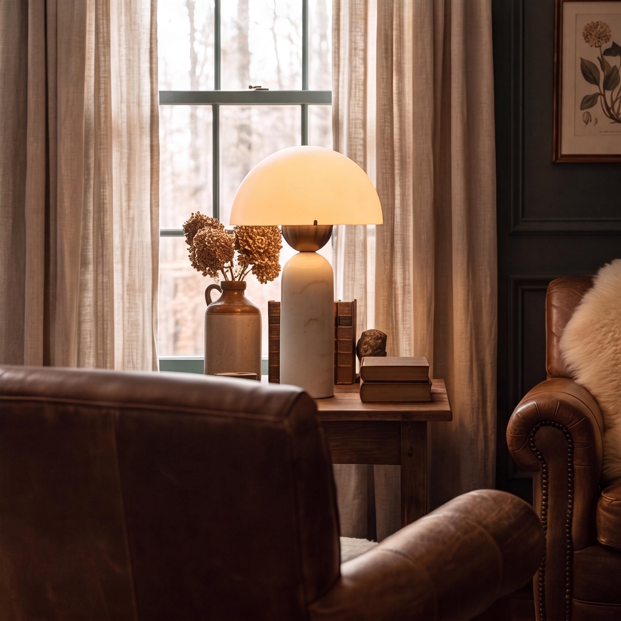 Modern Table Lamp with Dome Shade and Marble Base LED Compatible for Bedroom or Office Use | ribuella