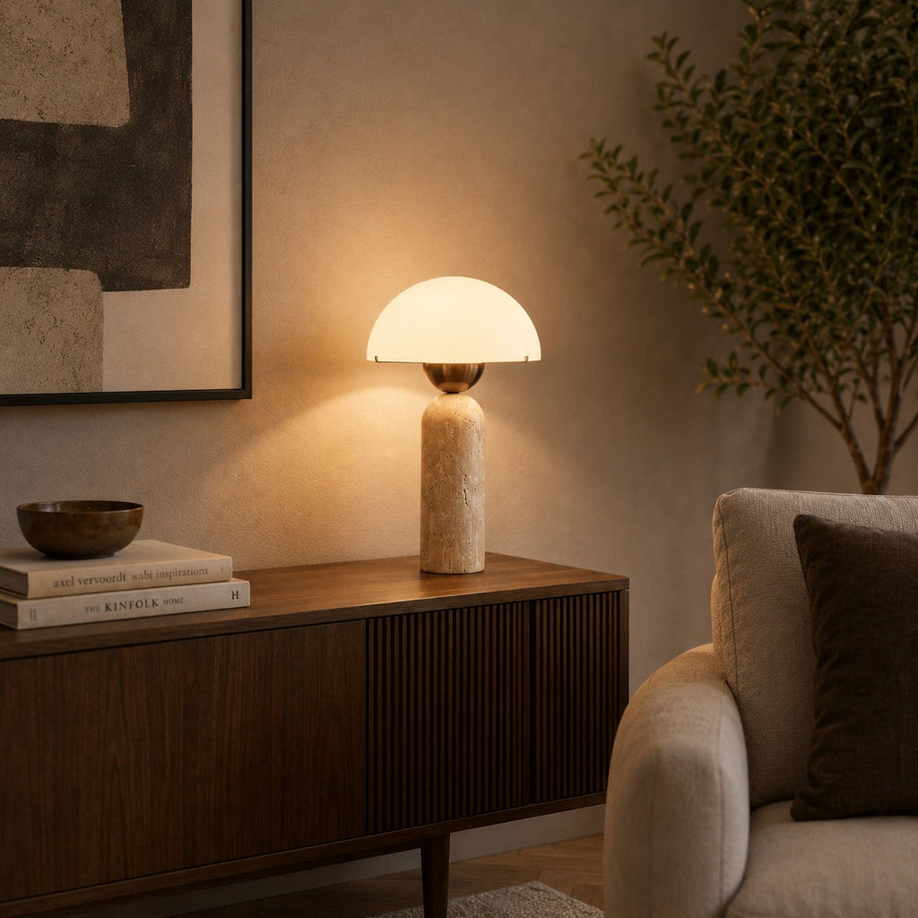 Modern Table Lamp with Dome Shade and Marble Base LED Compatible for Bedroom or Office Use | ribuella
