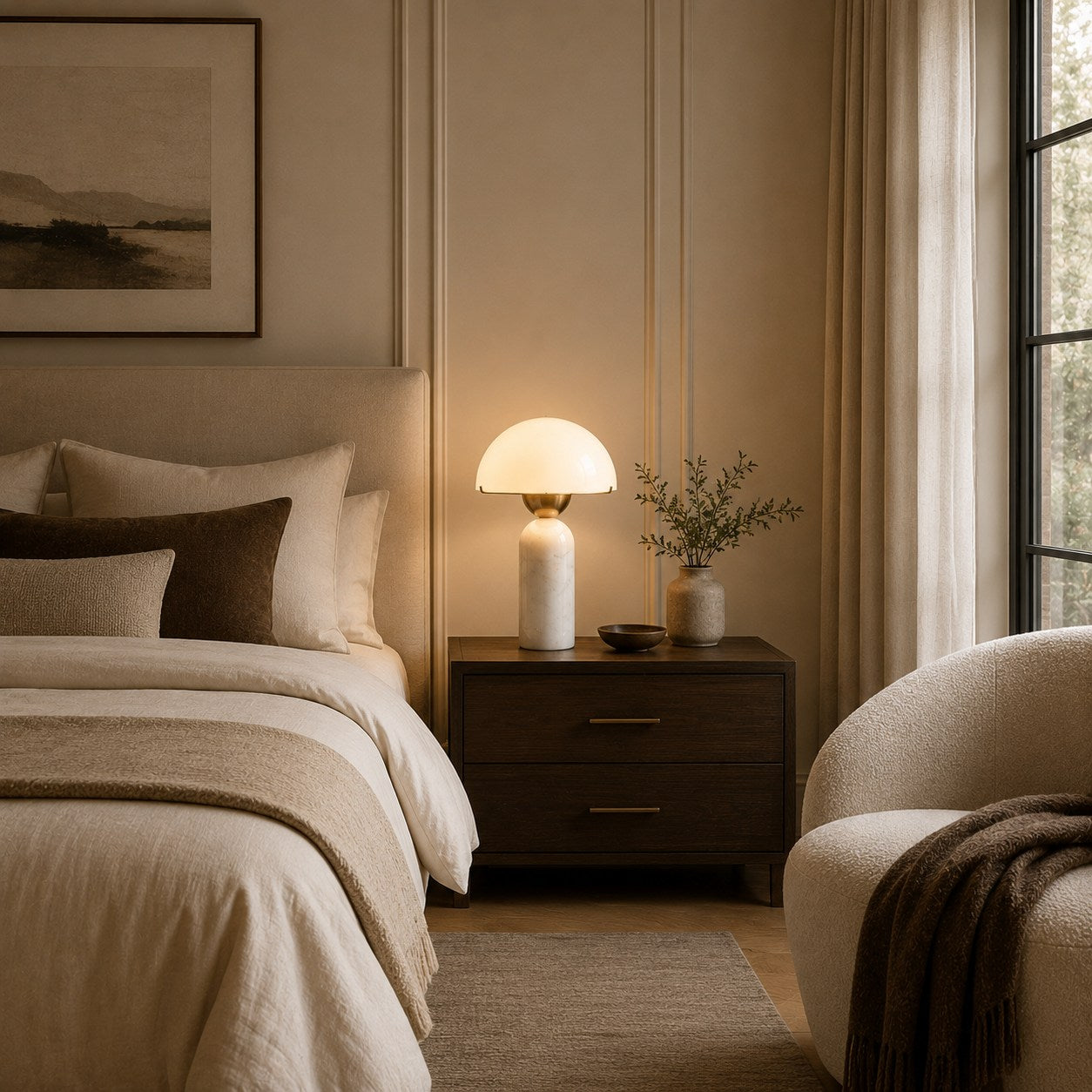 Modern Table Lamp with Dome Shade and Marble Base LED Compatible for Bedroom or Office Use | ribuella