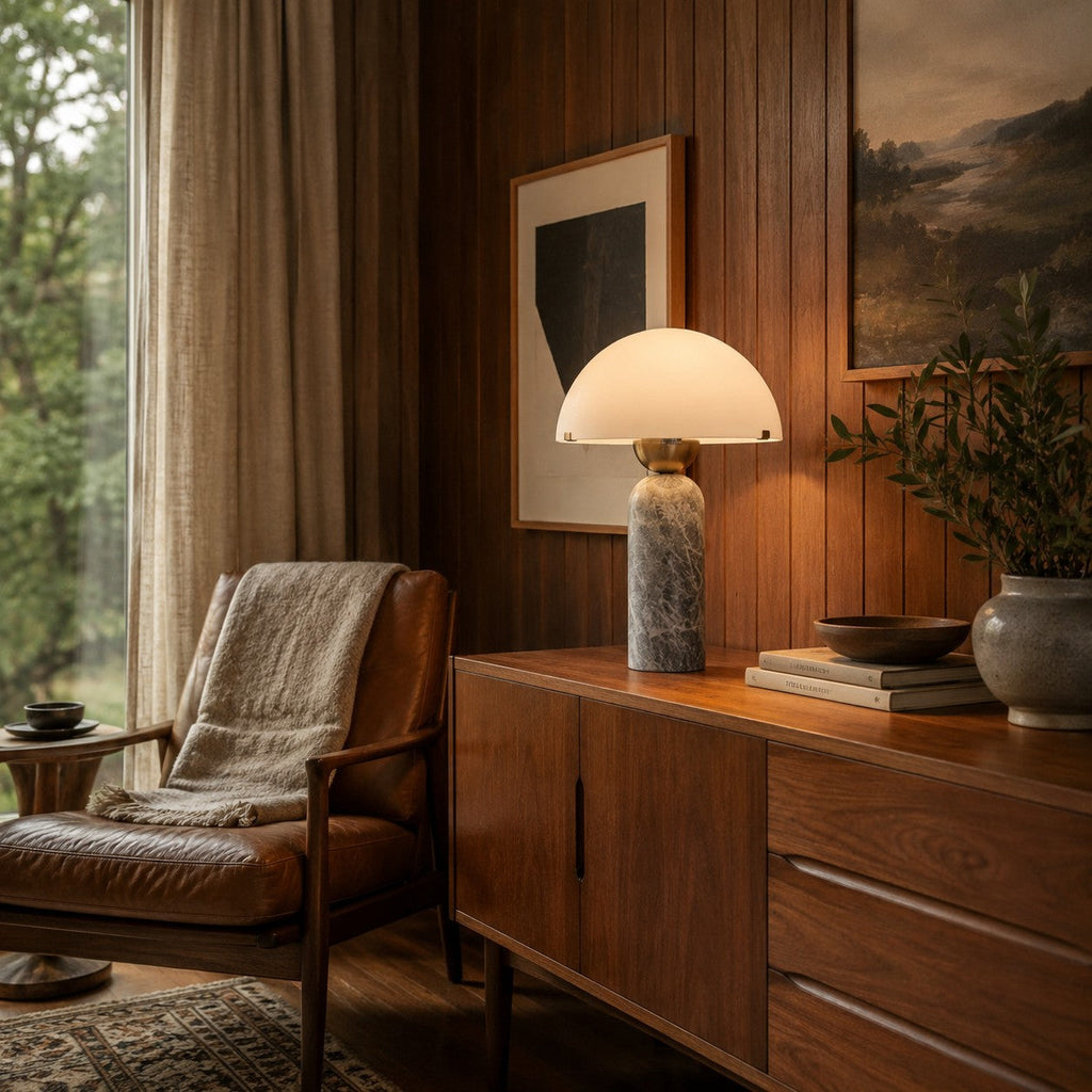 Modern Table Lamp with Dome Shade and Marble Base LED Compatible for Bedroom or Office Use | ribuella