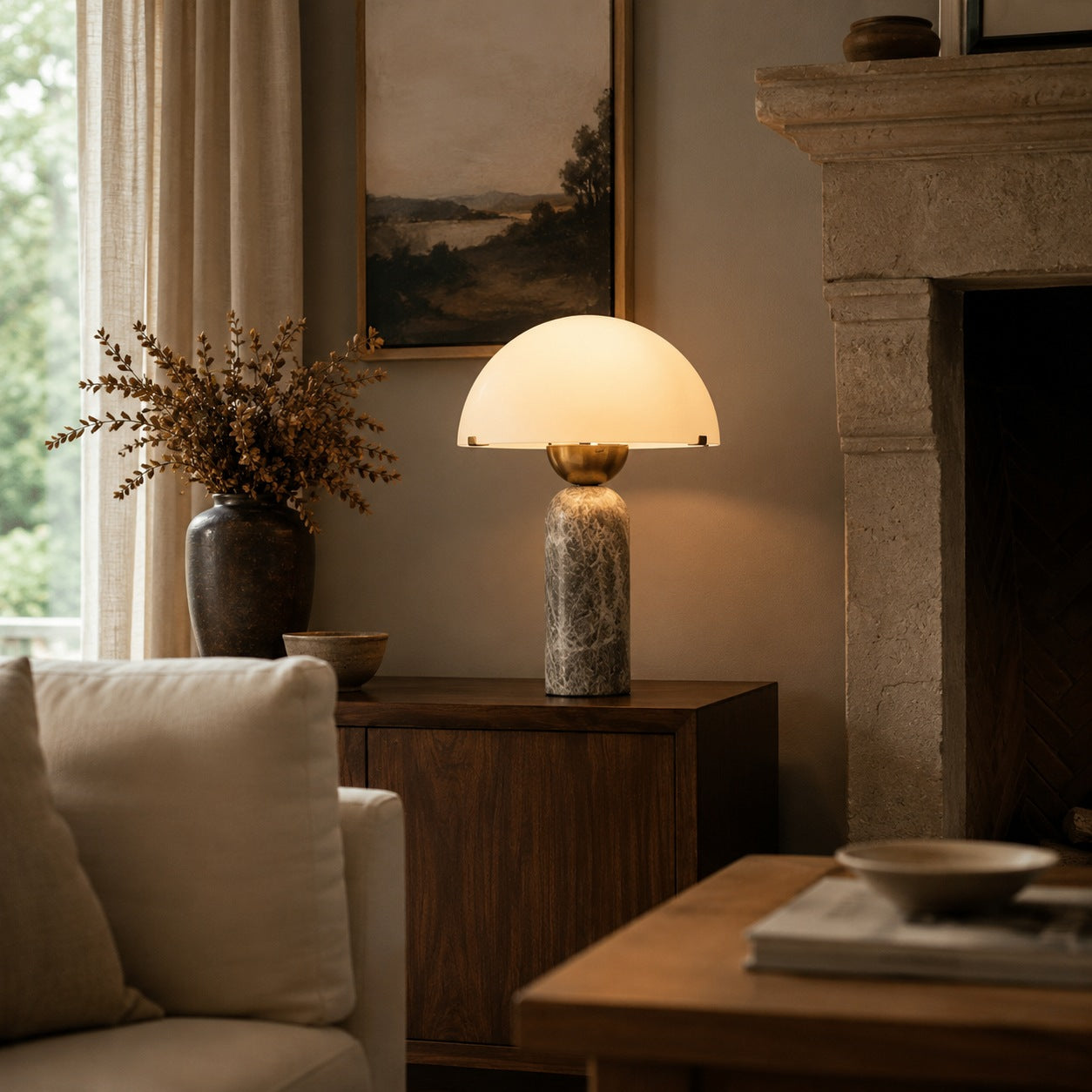 Modern Table Lamp with Dome Shade and Marble Base LED Compatible for Bedroom or Office Use | ribuella