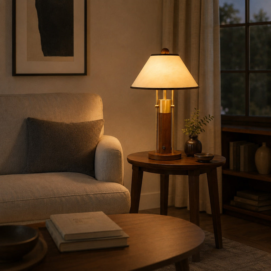 Moderne Tischlampe mit Stoffschirm und Korpus aus Massivholz für den Innenbereich, LED-kompatibel | ribuella