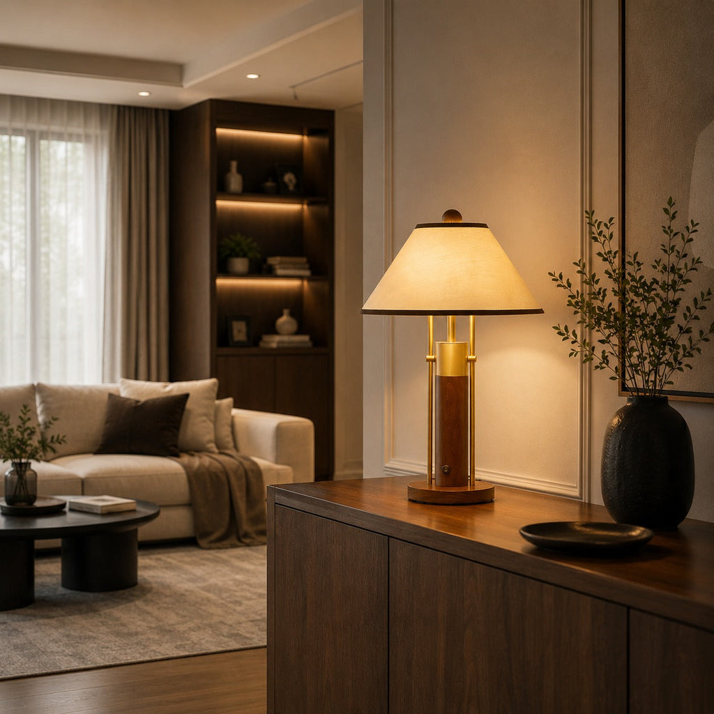 Moderne Tischlampe mit Stoffschirm und Korpus aus Massivholz für den Innenbereich, LED-kompatibel | ribuella