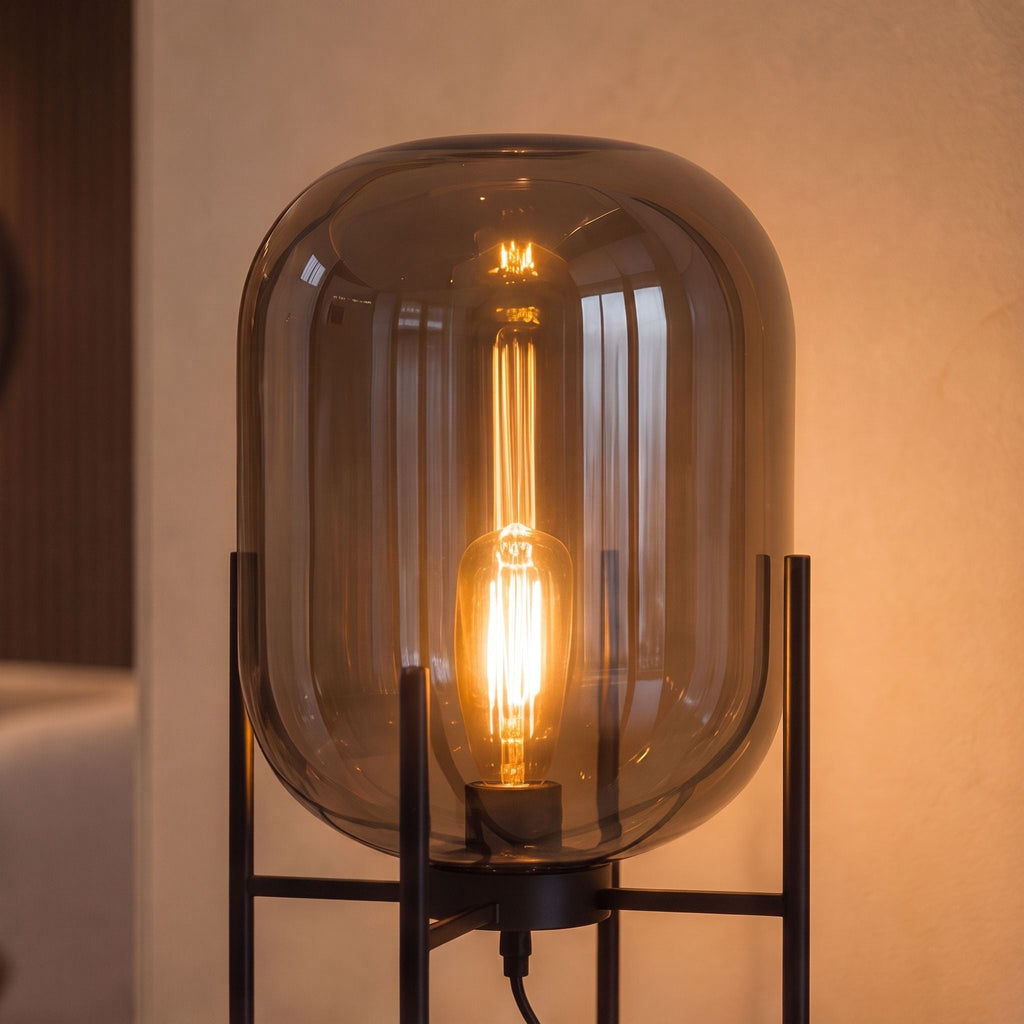 Lampada da tavolo moderna con paralume in vetro soffiato a mano e base in metallo, compatibile con lampadine LED, per camera da letto e ufficio | ribuella