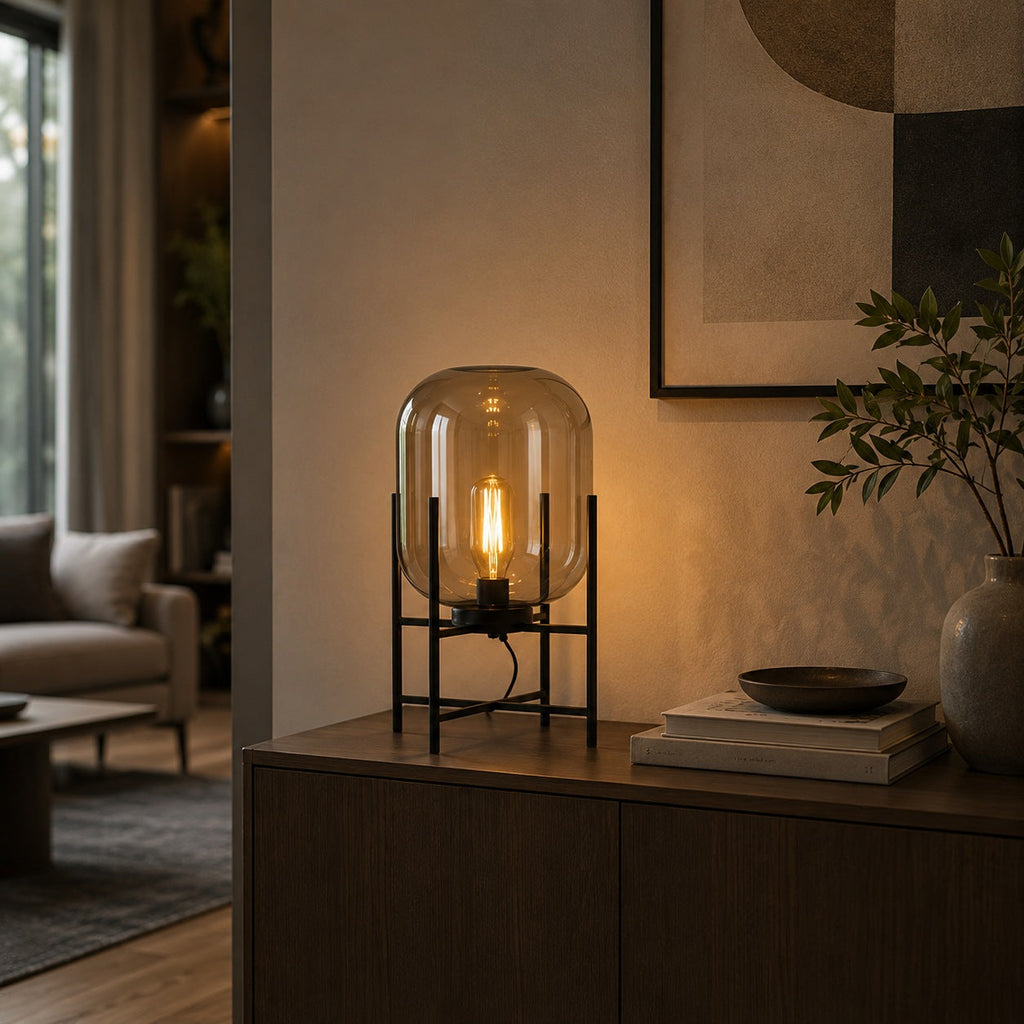 Lampada da tavolo moderna con paralume in vetro soffiato a mano e base in metallo, compatibile con lampadine LED, per camera da letto e ufficio | ribuella