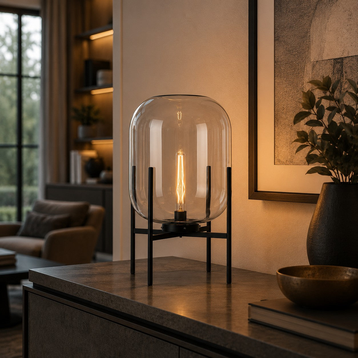 Lampada da tavolo moderna con paralume in vetro soffiato a mano e base in metallo, compatibile con lampadine LED, per camera da letto e ufficio | ribuella