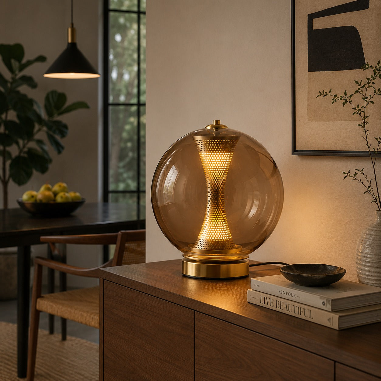 Modern Table Lamp with Hourglass Glass Shade and Metal Base LED Adjustable Indoor Lighting | ribuella