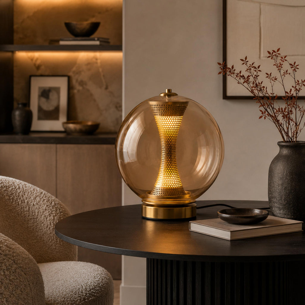 Modern Table Lamp with Hourglass Glass Shade and Metal Base LED Adjustable Indoor Lighting | ribuella