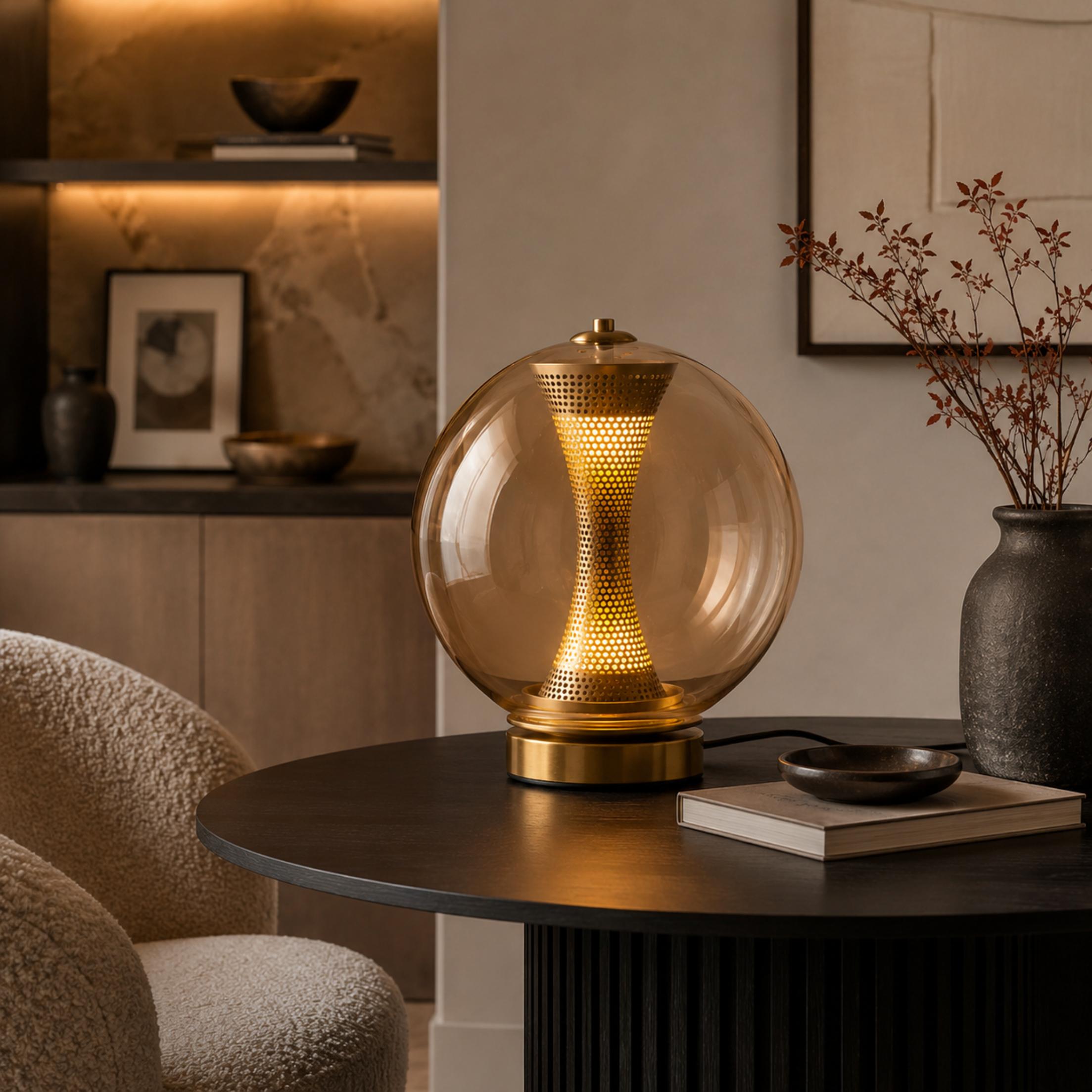 Modern Table Lamp with Hourglass Glass Shade and Metal Base LED Adjustable Indoor Lighting | ribuella