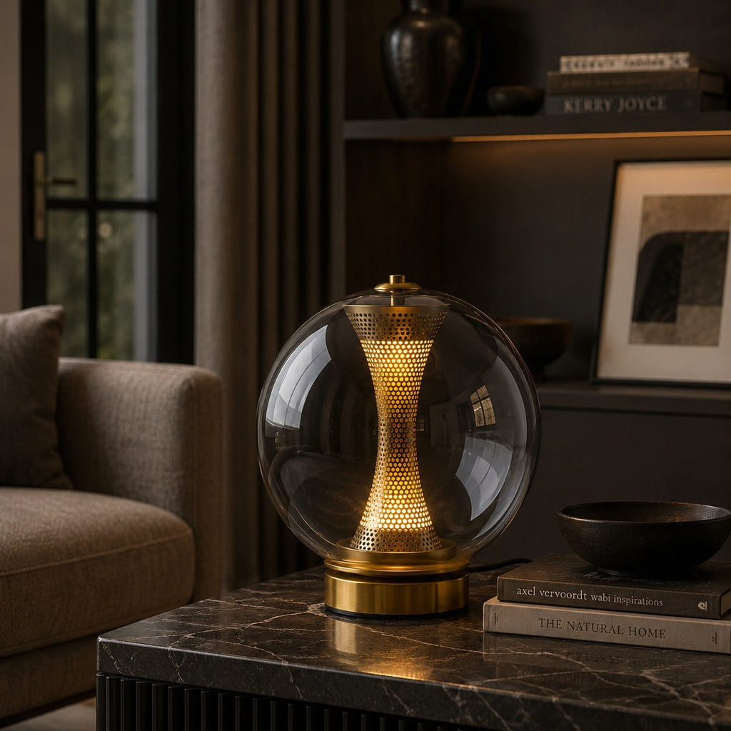 Modern Table Lamp with Hourglass Glass Shade and Metal Base LED Adjustable Indoor Lighting | ribuella
