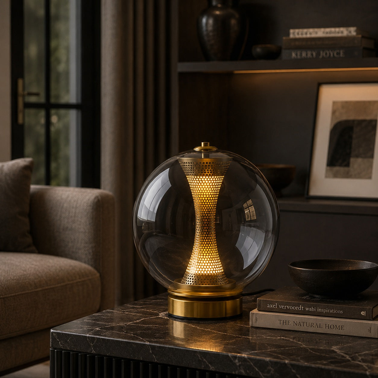 Modern Table Lamp with Hourglass Glass Shade and Metal Base LED Adjustable Indoor Lighting | ribuella