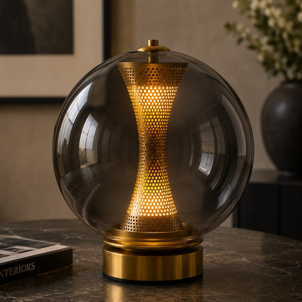 Modern Table Lamp with Hourglass Glass Shade and Metal Base LED Adjustable Indoor Lighting | ribuella
