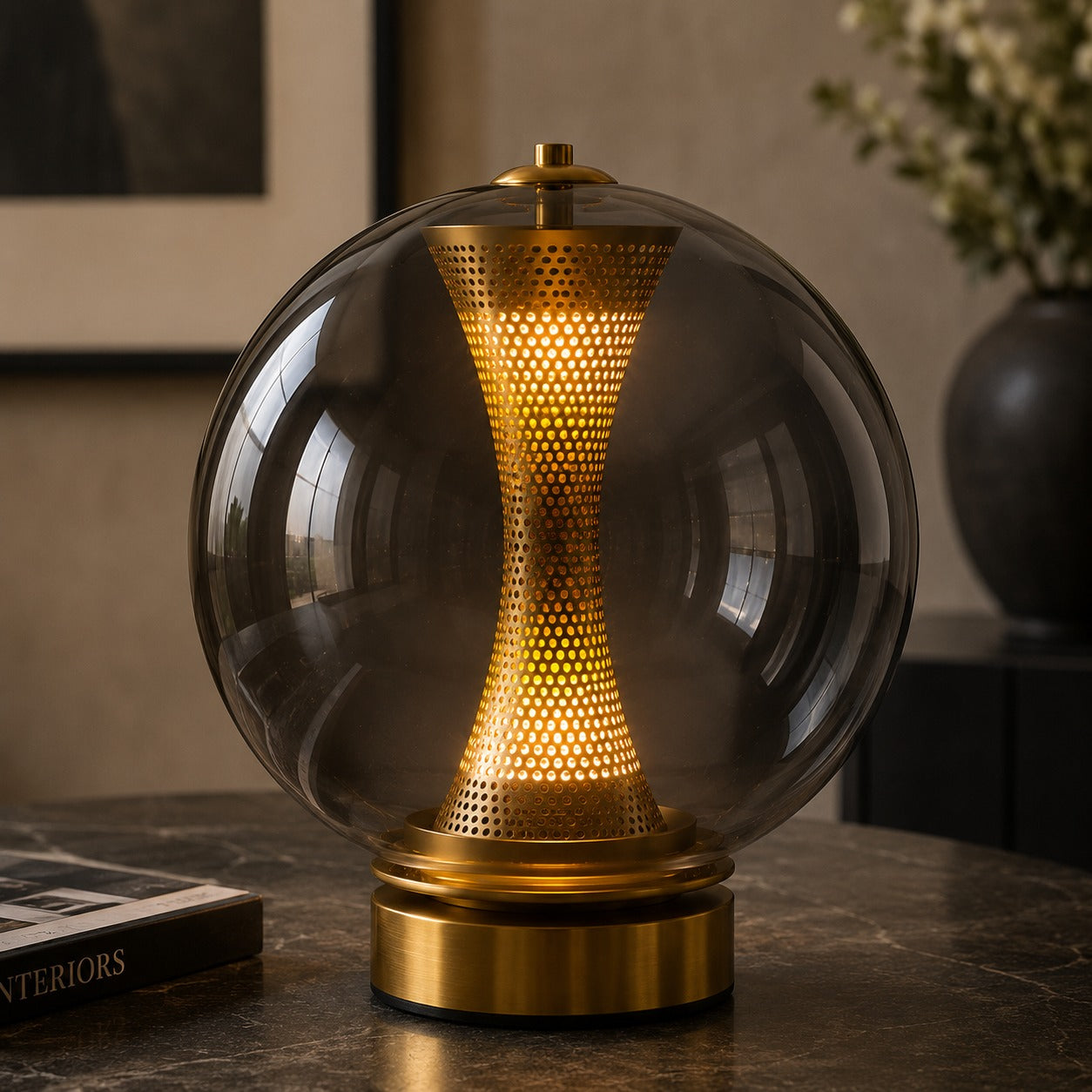 Modern Table Lamp with Hourglass Glass Shade and Metal Base LED Adjustable Indoor Lighting | ribuella