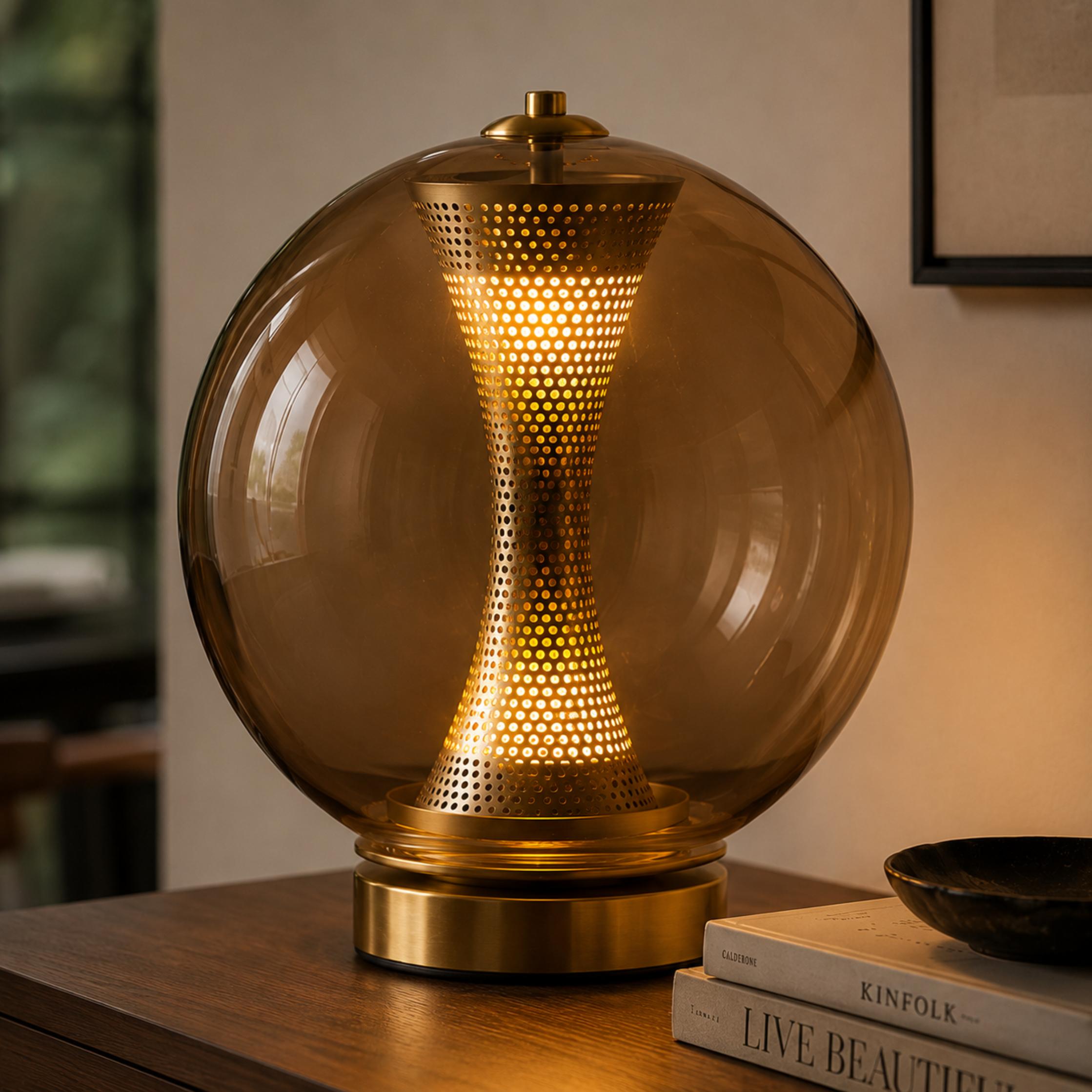 Modern Table Lamp with Hourglass Glass Shade and Metal Base LED Adjustable Indoor Lighting | ribuella