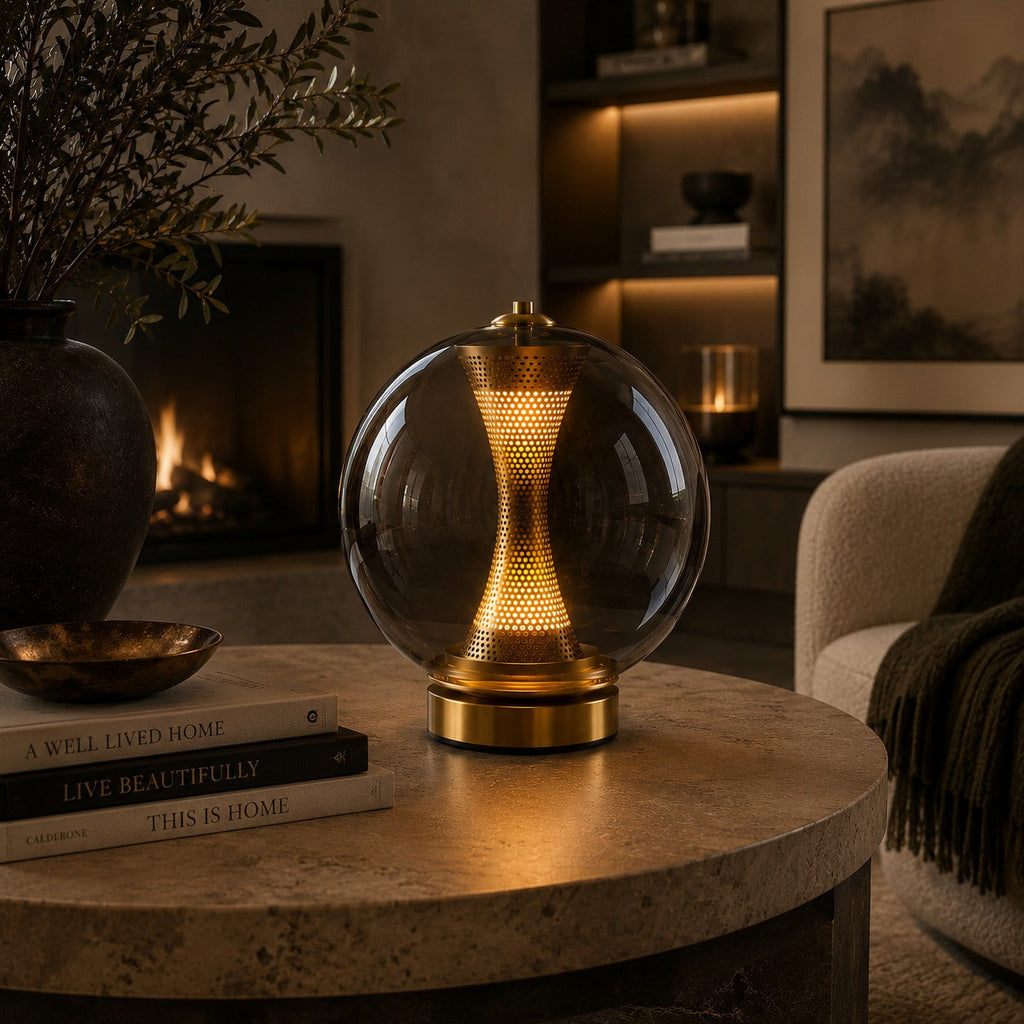 Modern Table Lamp with Hourglass Glass Shade and Metal Base LED Adjustable Indoor Lighting | ribuella