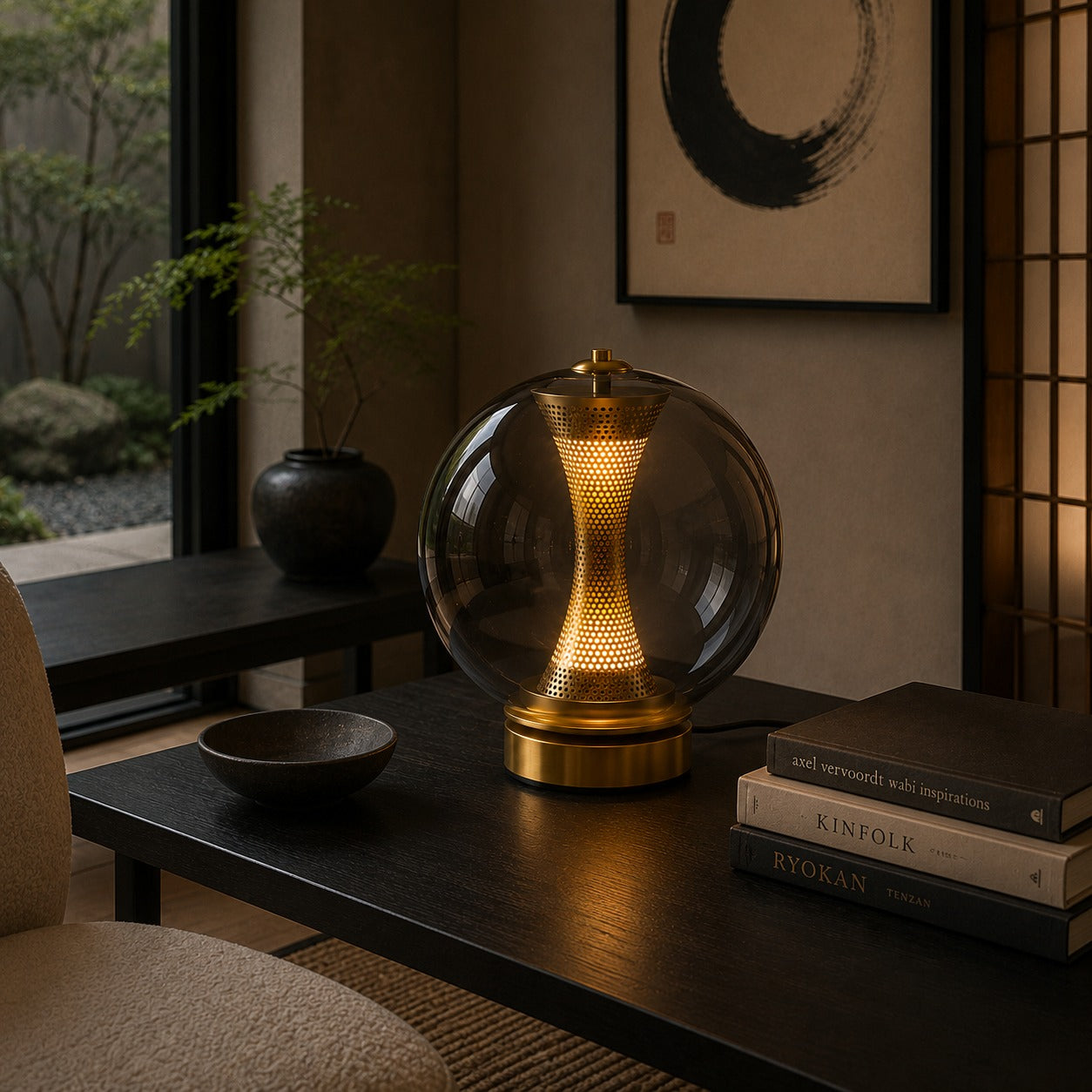 Modern Table Lamp with Hourglass Glass Shade and Metal Base LED Adjustable Indoor Lighting | ribuella