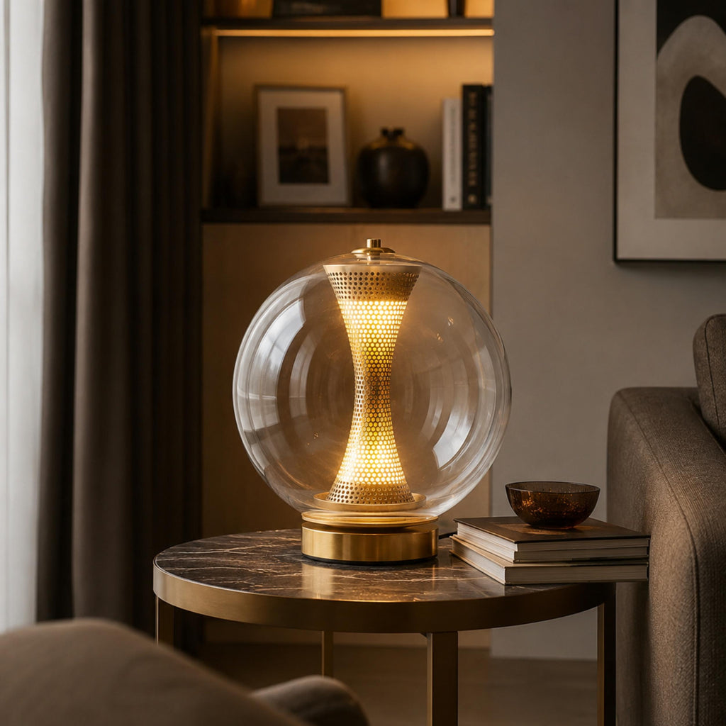 Modern Table Lamp with Hourglass Glass Shade and Metal Base LED Adjustable Indoor Lighting | ribuella
