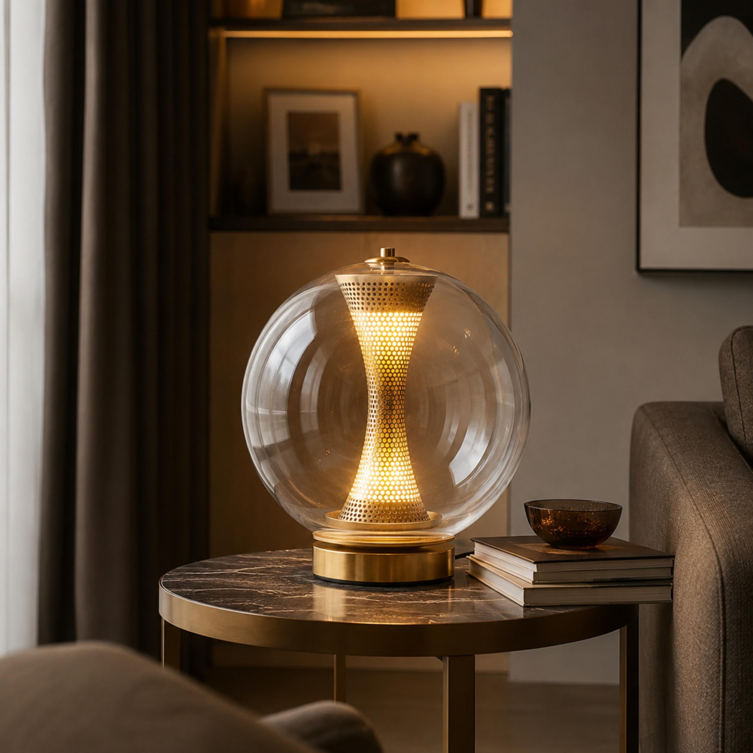 Modern Table Lamp with Hourglass Glass Shade and Metal Base LED Adjustable Indoor Lighting | ribuella