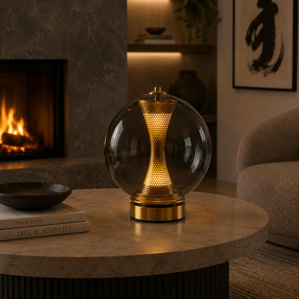 Modern Table Lamp with Hourglass Glass Shade and Metal Base LED Adjustable Indoor Lighting | ribuella