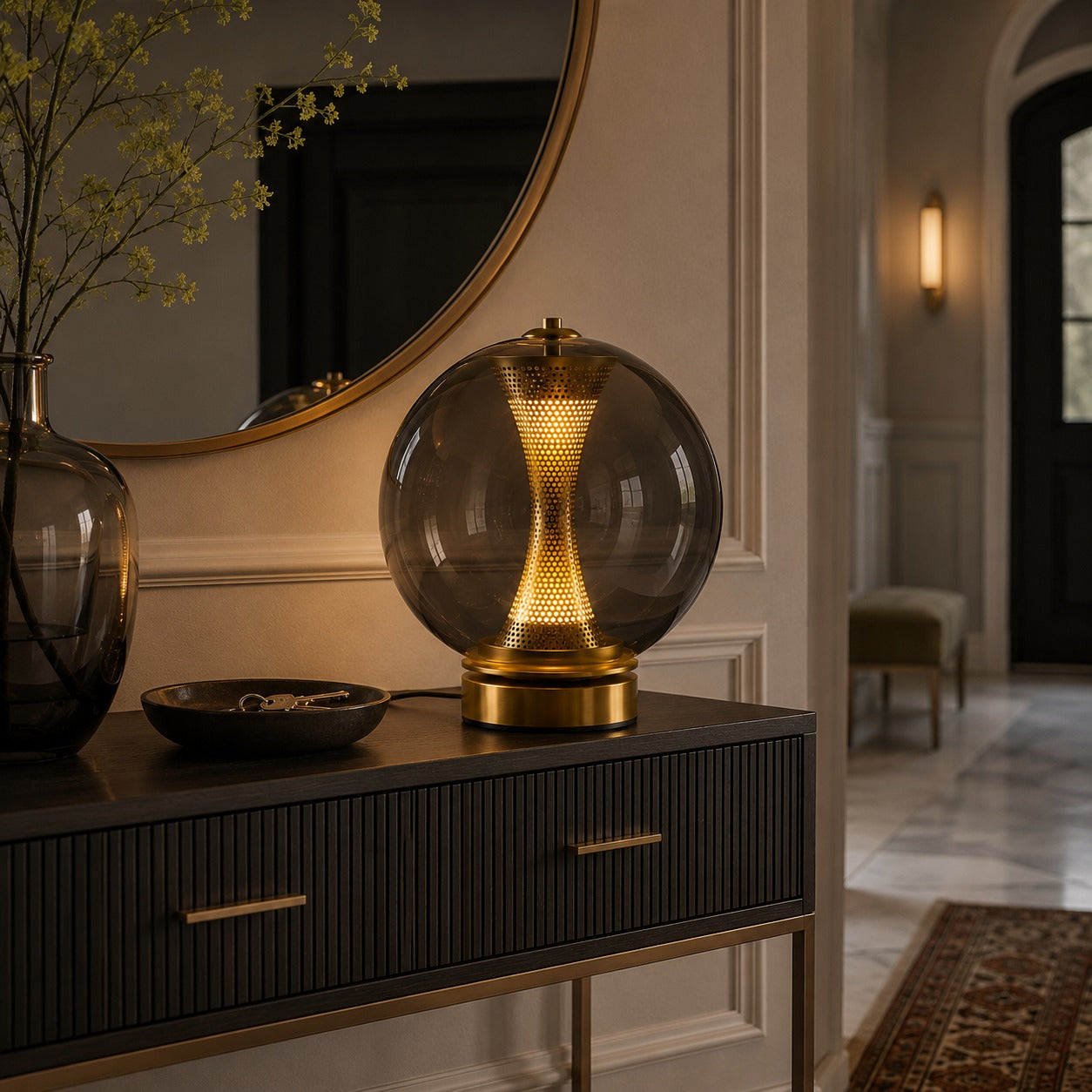 Modern Table Lamp with Hourglass Glass Shade and Metal Base LED Adjustable Indoor Lighting | ribuella