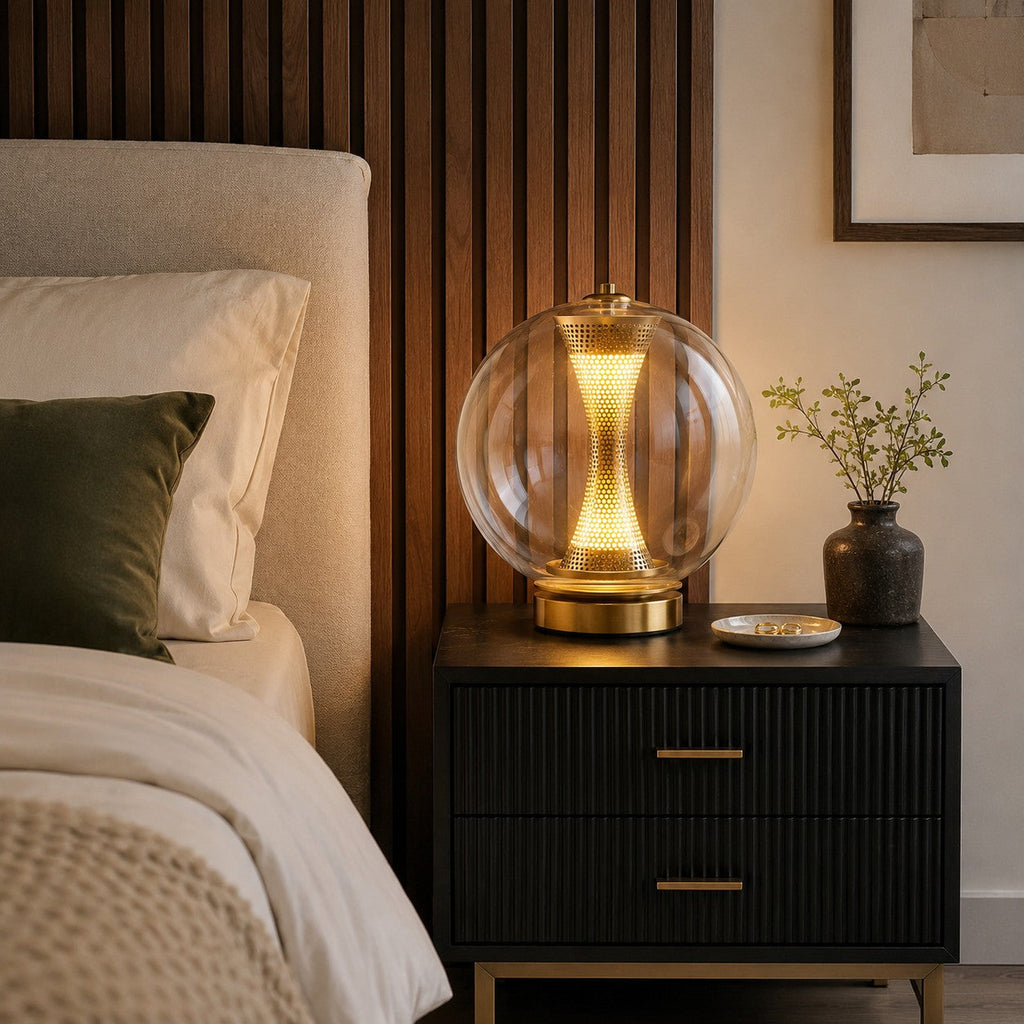 Modern Table Lamp with Hourglass Glass Shade and Metal Base LED Adjustable Indoor Lighting | ribuella