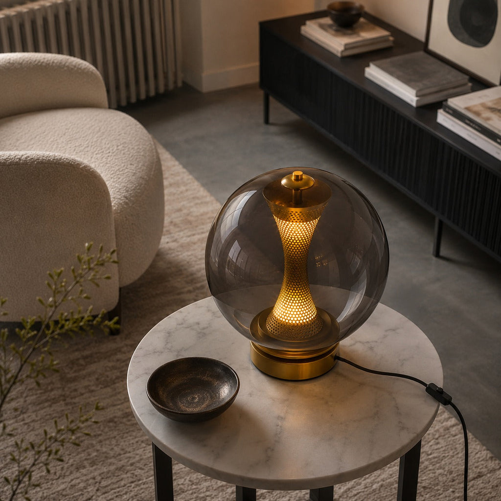 Modern Table Lamp with Hourglass Glass Shade and Metal Base LED Adjustable Indoor Lighting | ribuella