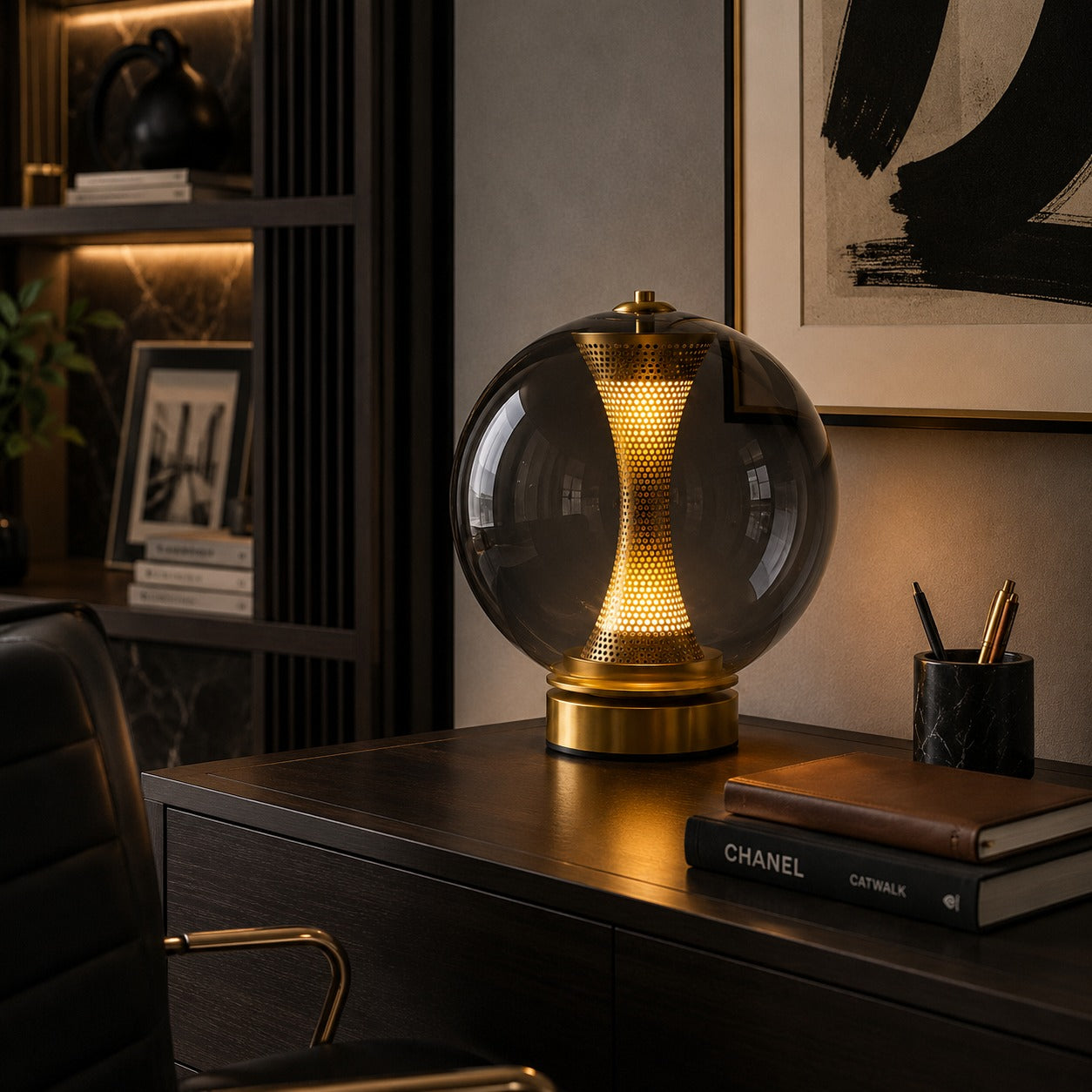 Modern Table Lamp with Hourglass Glass Shade and Metal Base LED Adjustable Indoor Lighting | ribuella