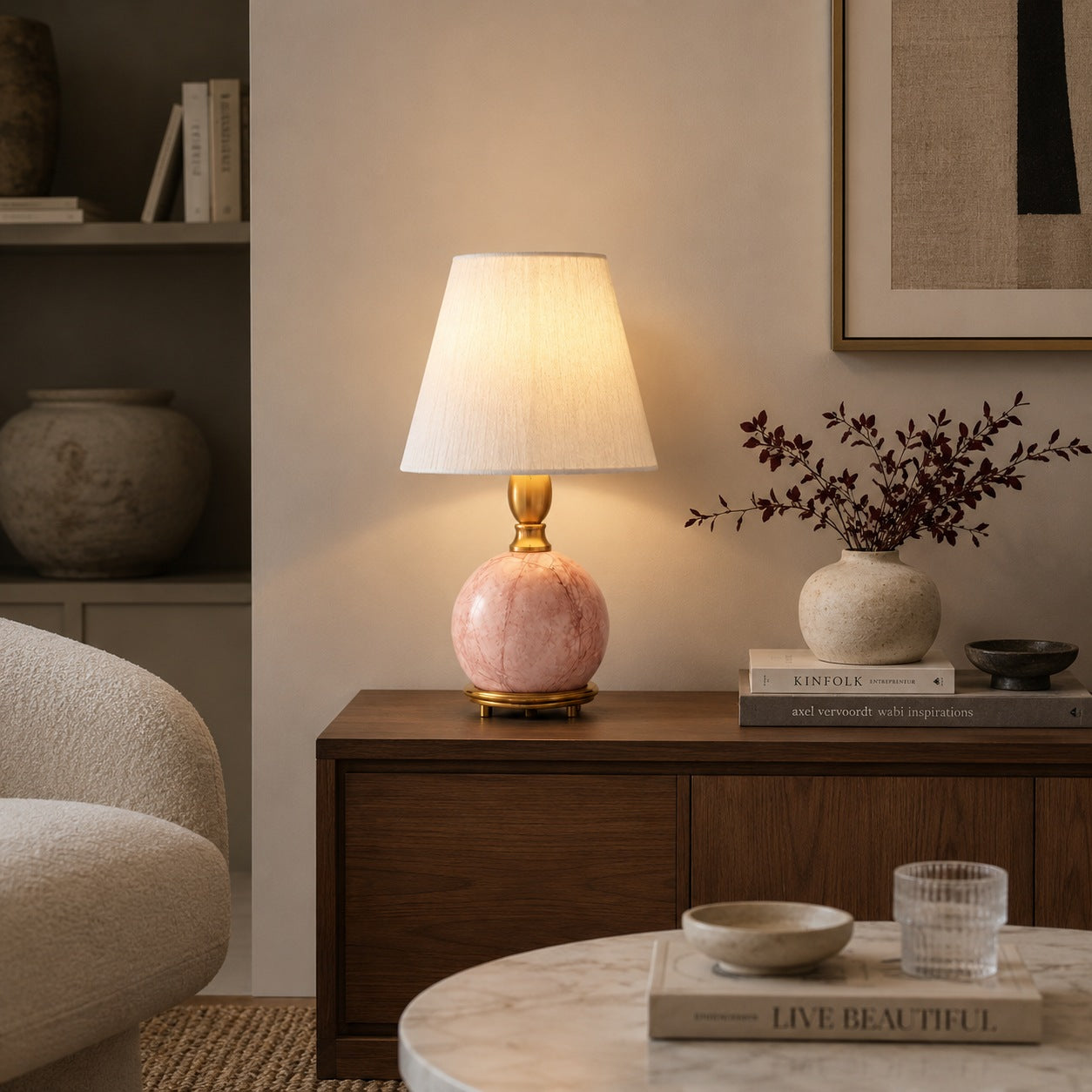 Modern Table Lamp with Rounded Marble Base and Fabric Shade Dimmable Indoor Lighting | ribuella