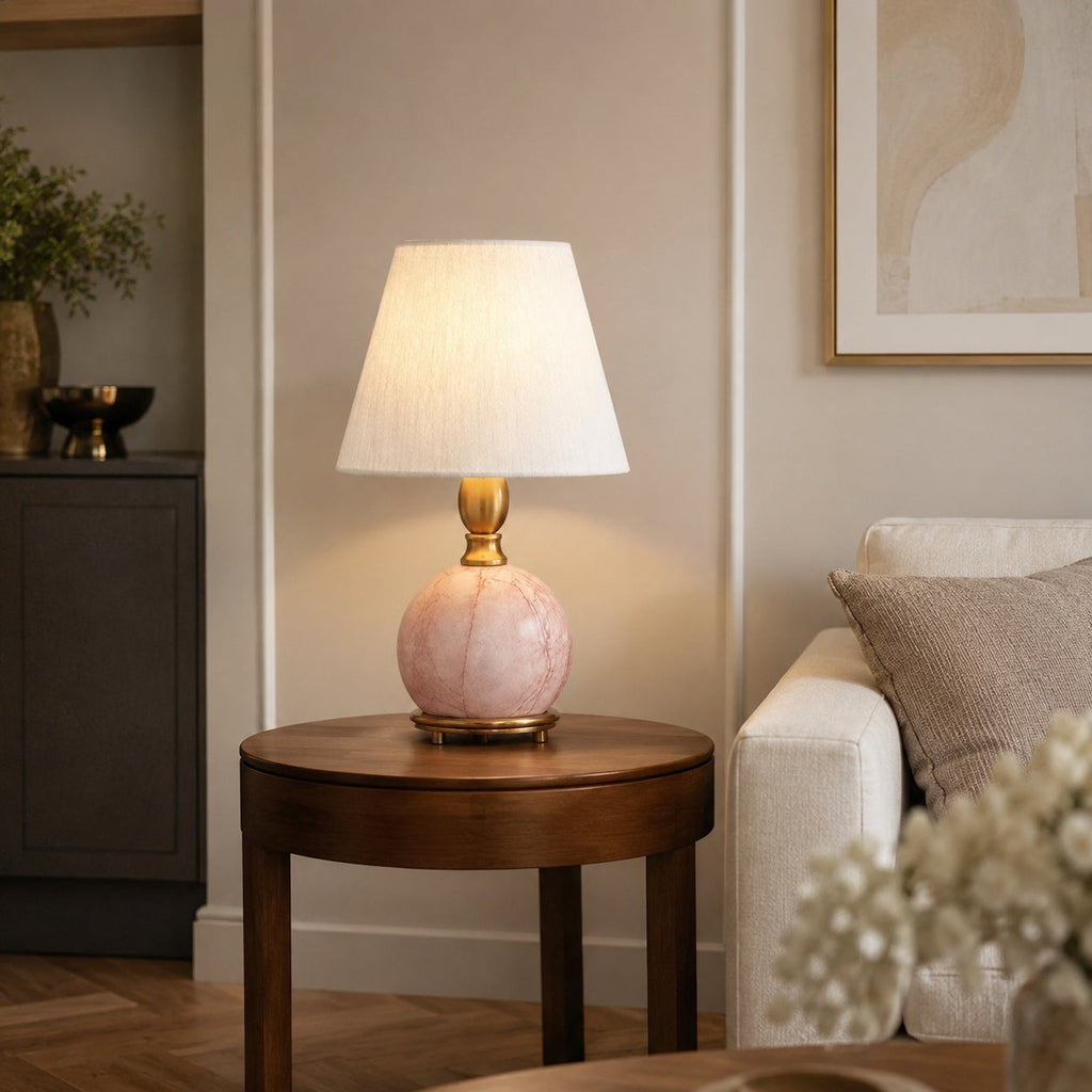 Modern Table Lamp with Rounded Marble Base and Fabric Shade Dimmable Indoor Lighting | ribuella