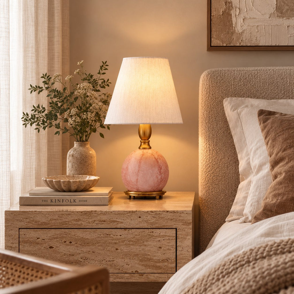 Modern Table Lamp with Rounded Marble Base and Fabric Shade Dimmable Indoor Lighting | ribuella