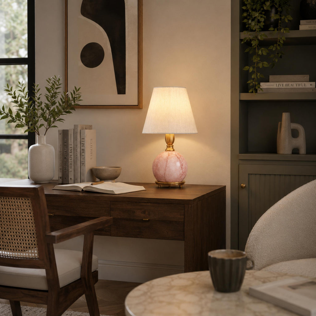 Modern Table Lamp with Rounded Marble Base and Fabric Shade Dimmable Indoor Lighting | ribuella