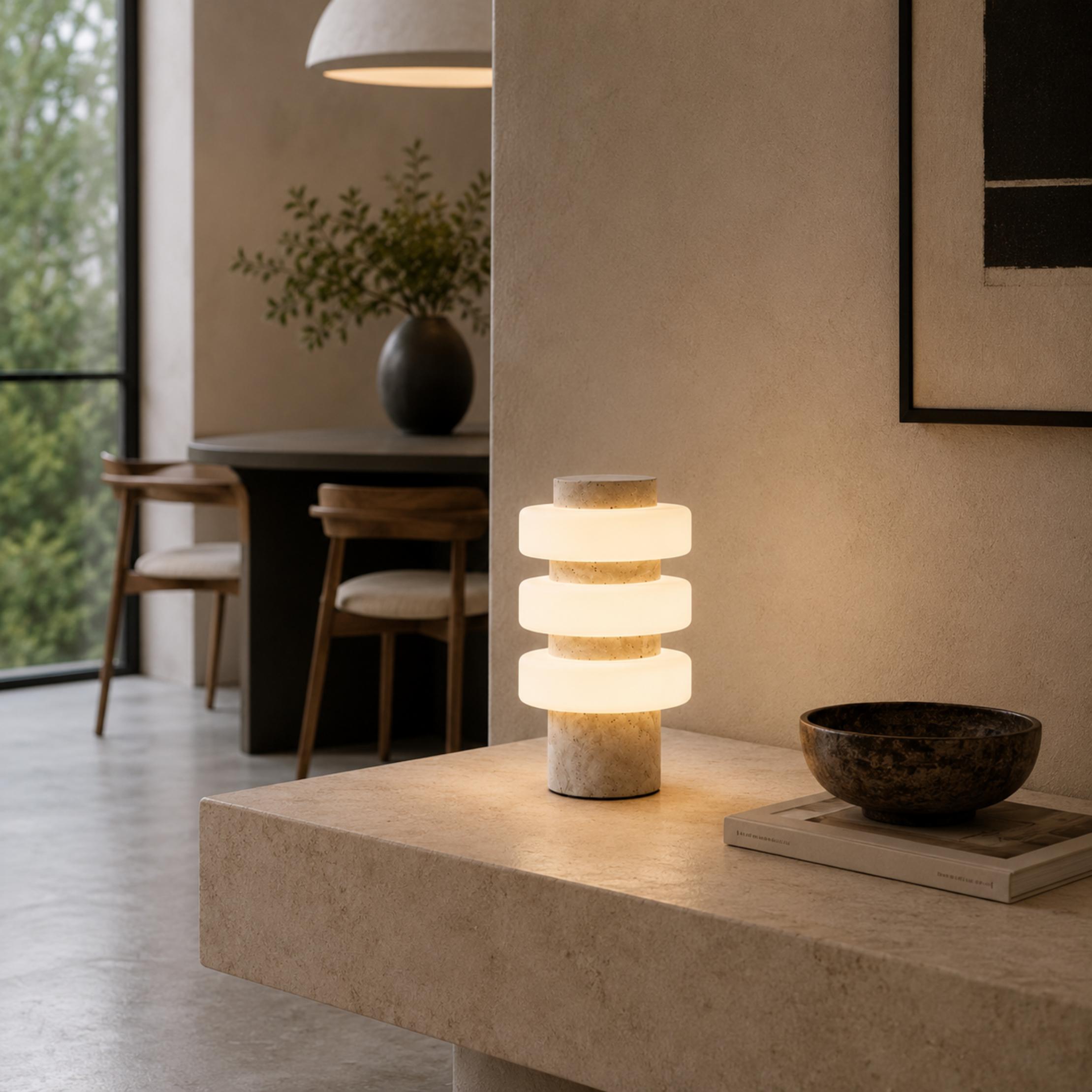 Lampă de masă modernă cu bază din travertin și LED integrat pentru utilizare în interior | ribuella