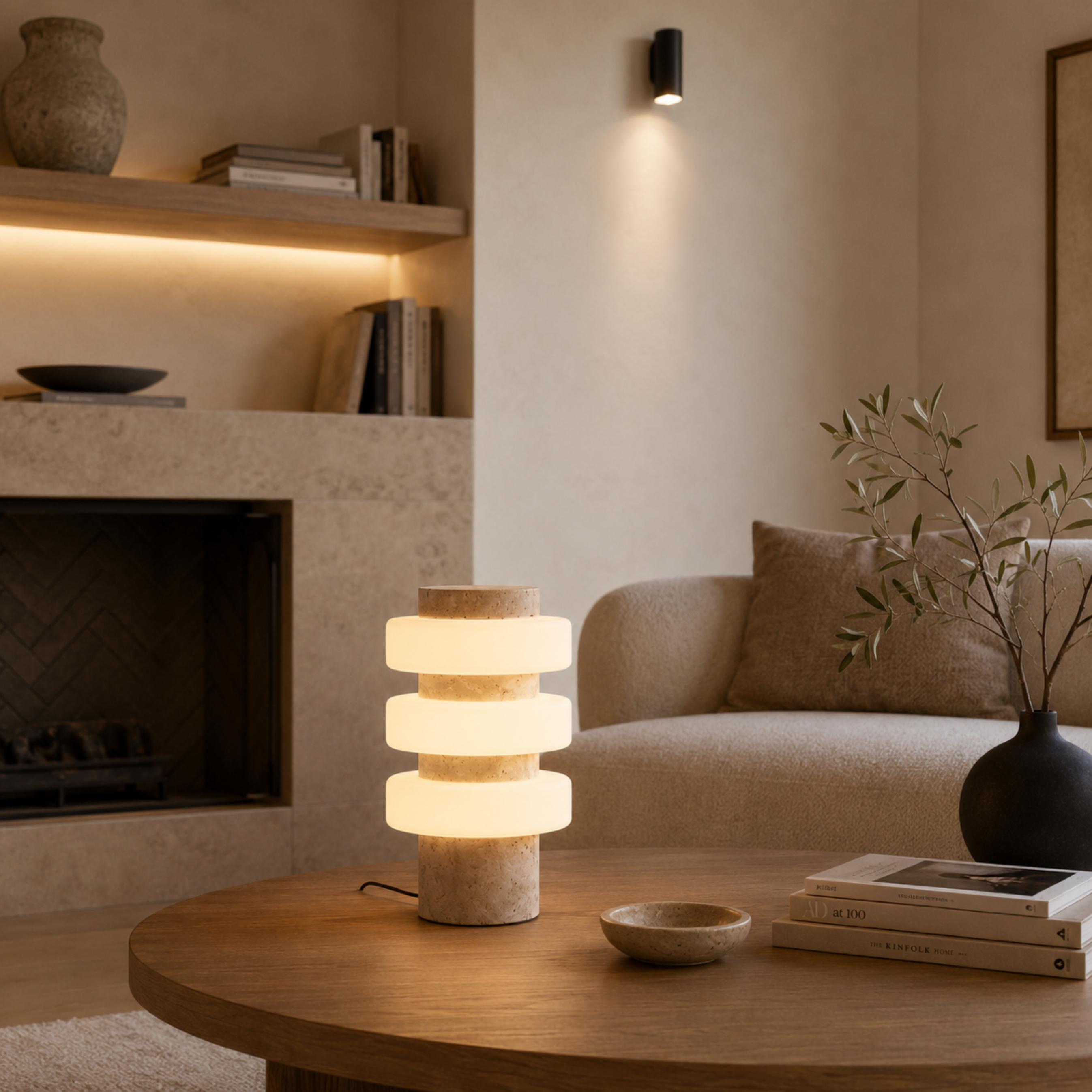 Lampă de masă modernă cu bază din travertin și LED integrat pentru utilizare în interior | ribuella