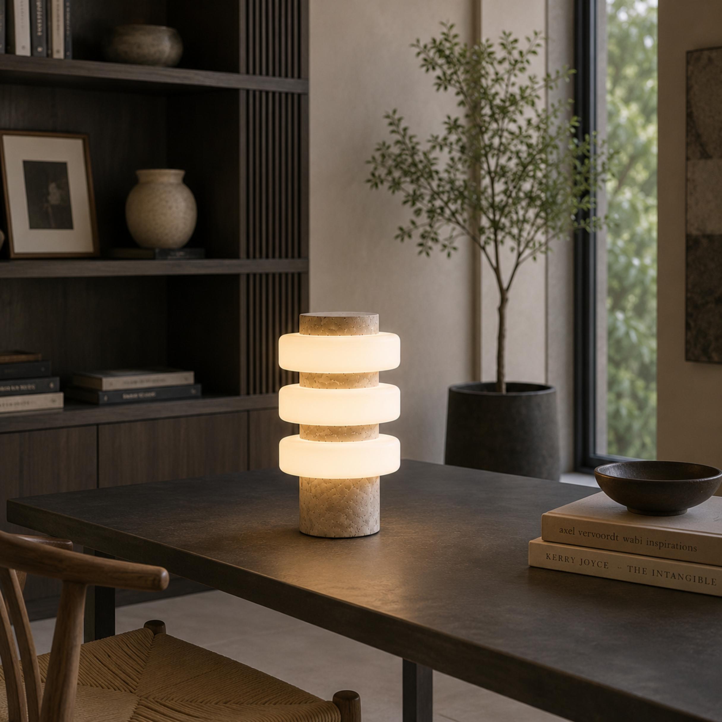 Lampă de masă modernă cu bază din travertin și LED integrat pentru utilizare în interior | ribuella