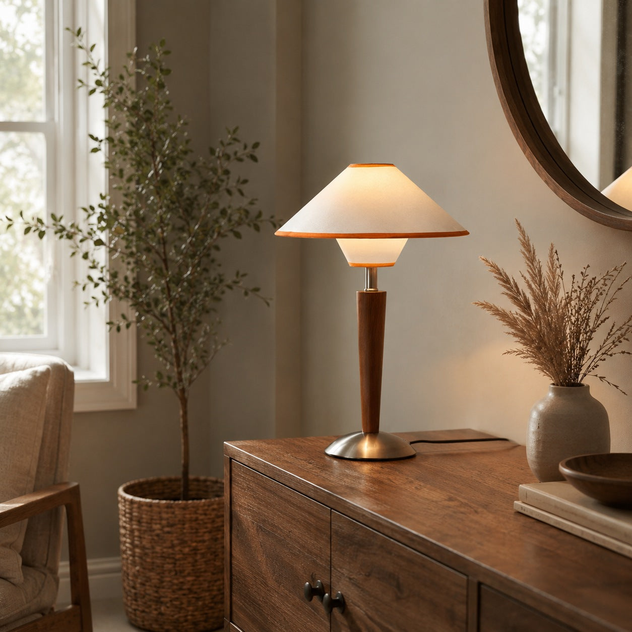 Modern Table Lamp with Wooden Base and Fabric Shade Plug-in Adjustable Dimmable 40W E26/E27 | ribuella