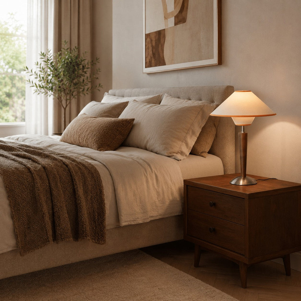 Modern Table Lamp with Wooden Base and Fabric Shade Plug-in Adjustable Dimmable 40W E26/E27 | ribuella